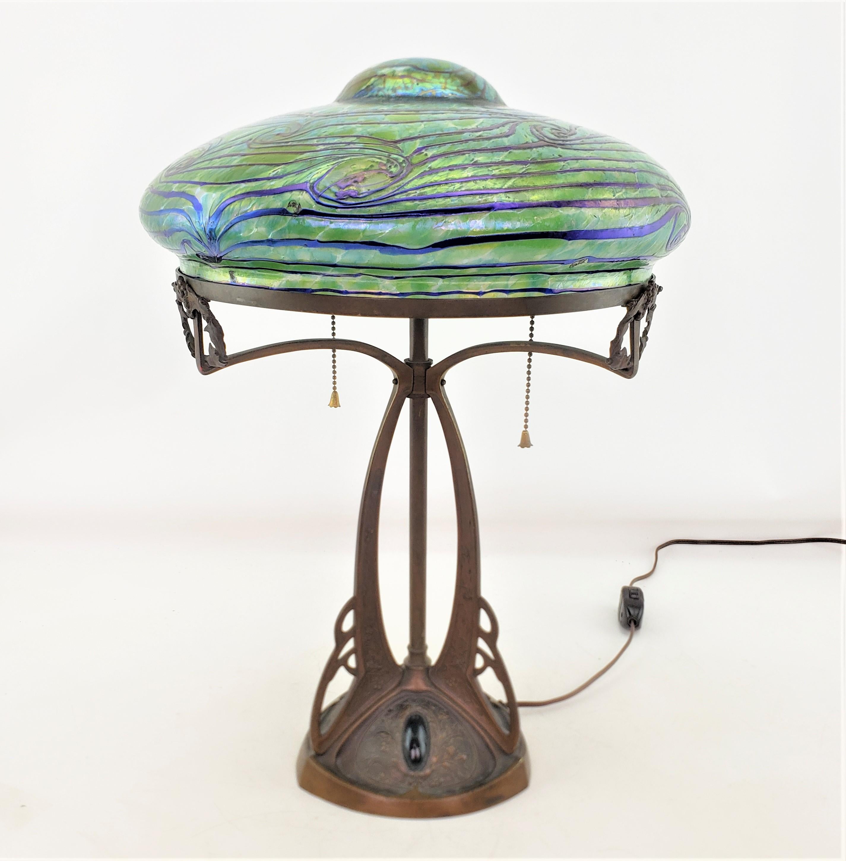 Art Nouveau Austrian Bronze Table Lamp with Loetz Styled Art Glass Shade  For Sale 8