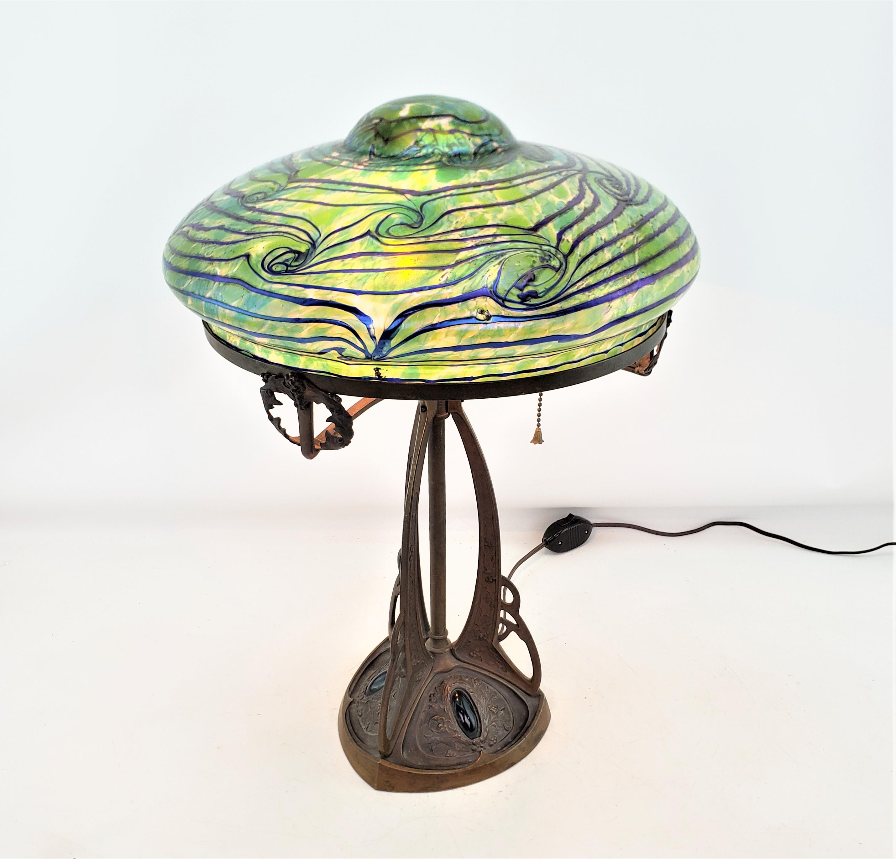 20th Century Art Nouveau Austrian Bronze Table Lamp with Loetz Styled Art Glass Shade  For Sale
