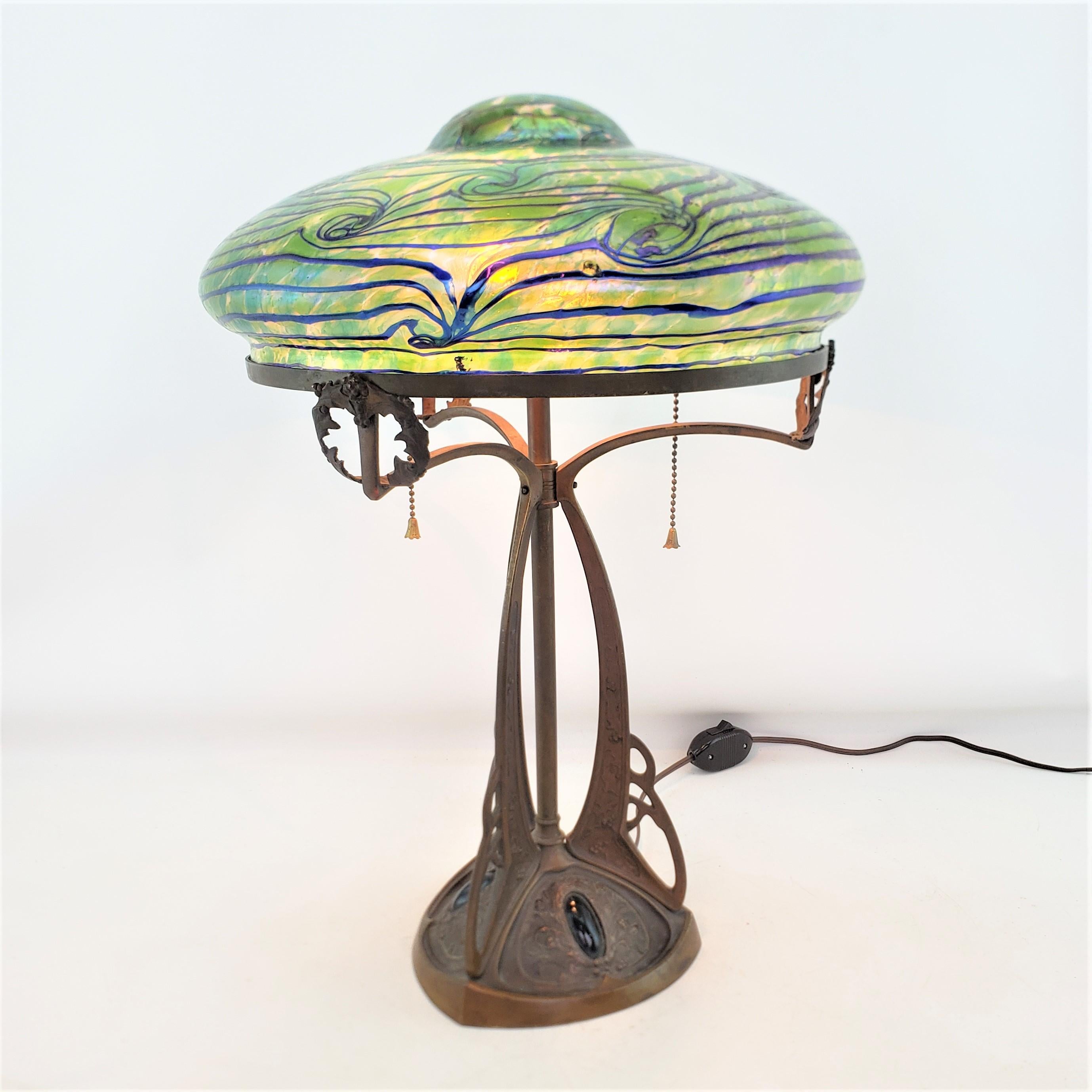 Art Nouveau Austrian Bronze Table Lamp with Loetz Styled Art Glass Shade  For Sale 1