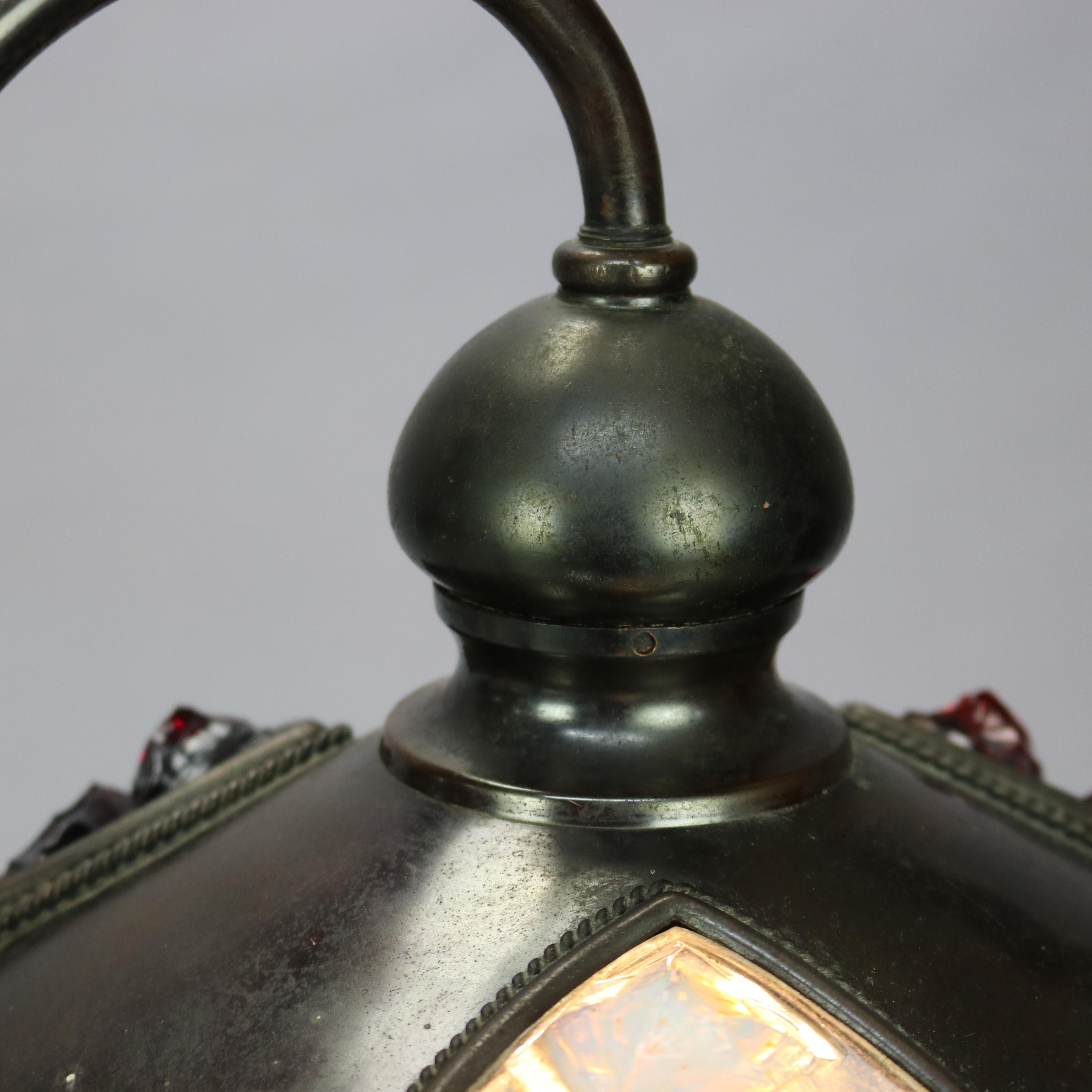 Art Nouveau Austrian Bronzed Metal & Chunk Jeweled Glass Table Lamp, c1910 11