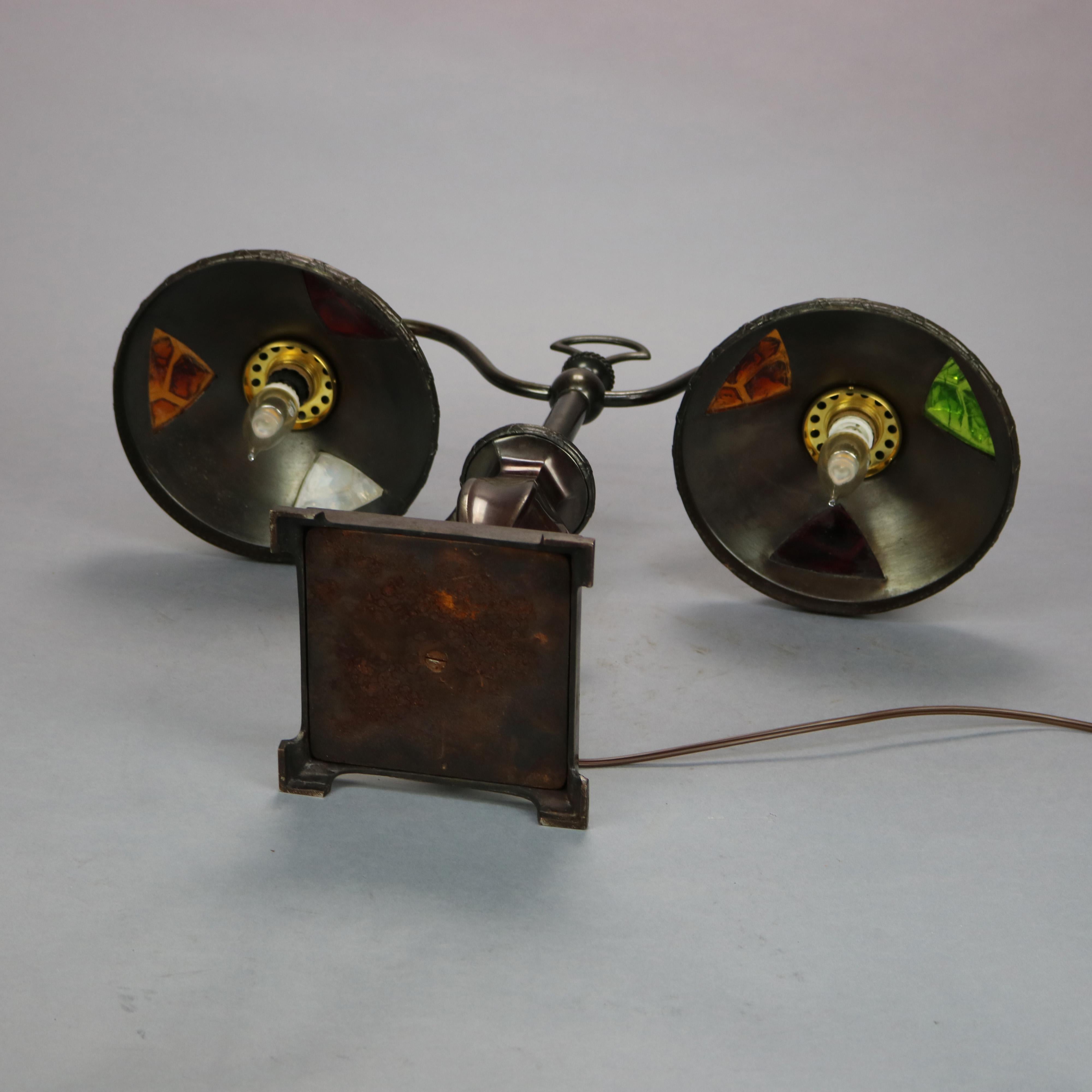 Art Nouveau Austrian Bronzed Metal & Chunk Jeweled Glass Table Lamp, c1910 13