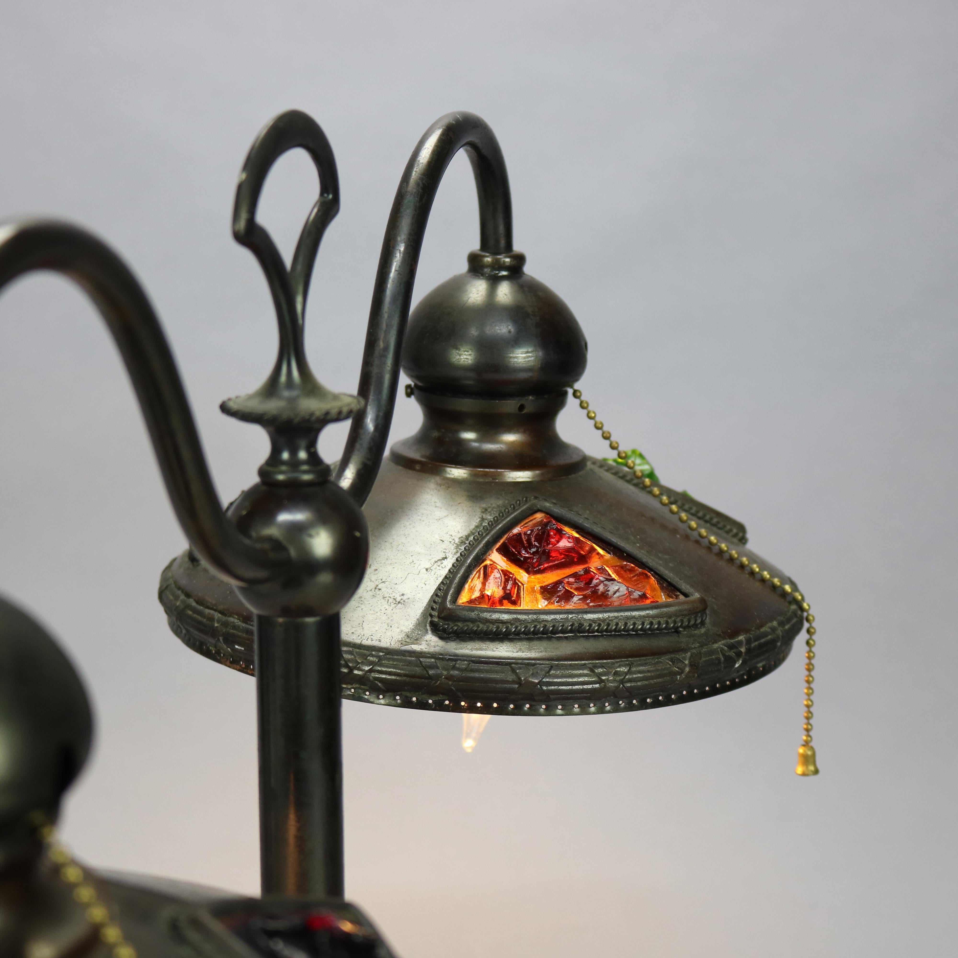 20th Century Art Nouveau Austrian Bronzed Metal & Chunk Jeweled Glass Table Lamp, c1910