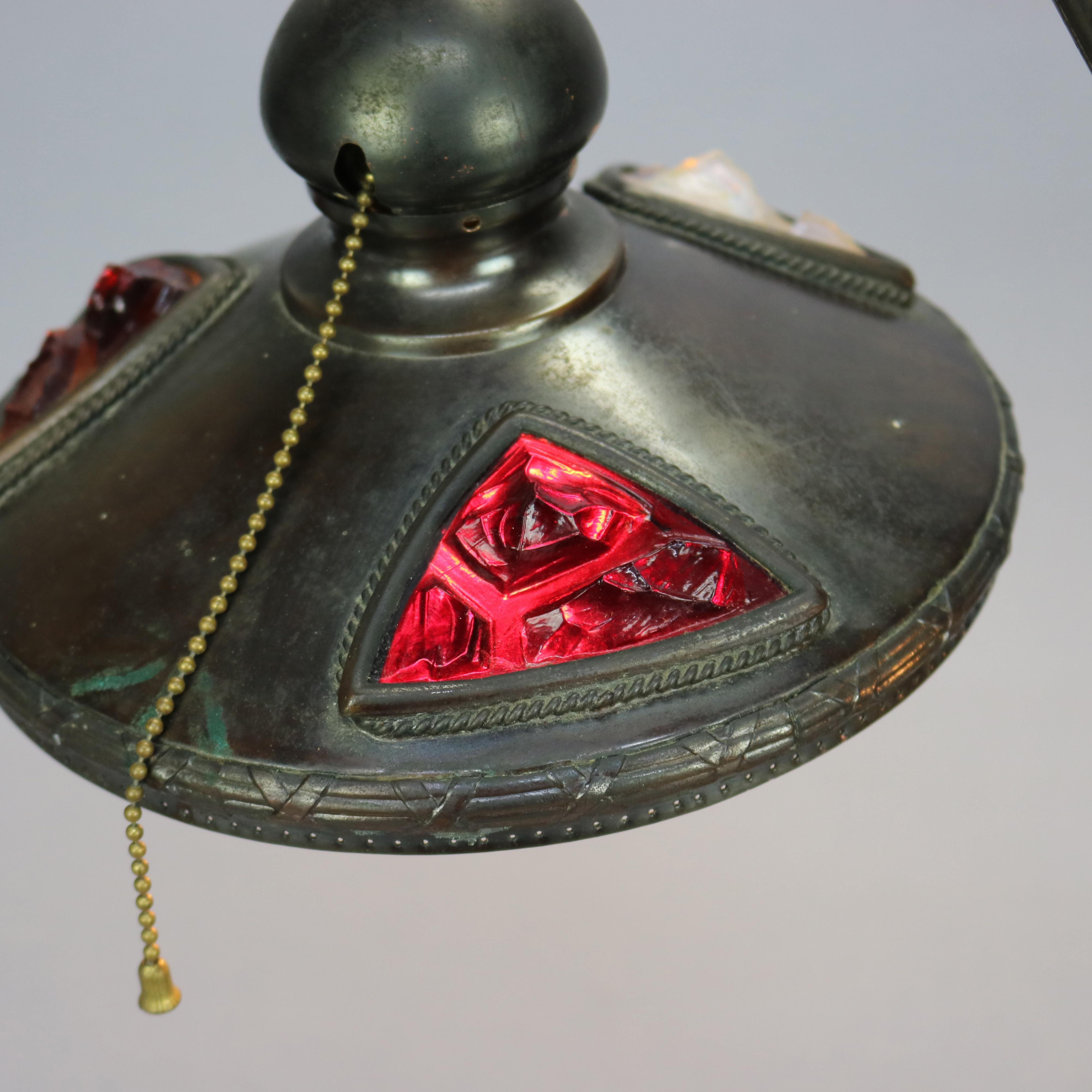 Art Nouveau Austrian Bronzed Metal & Chunk Jeweled Glass Table Lamp, c1910 1