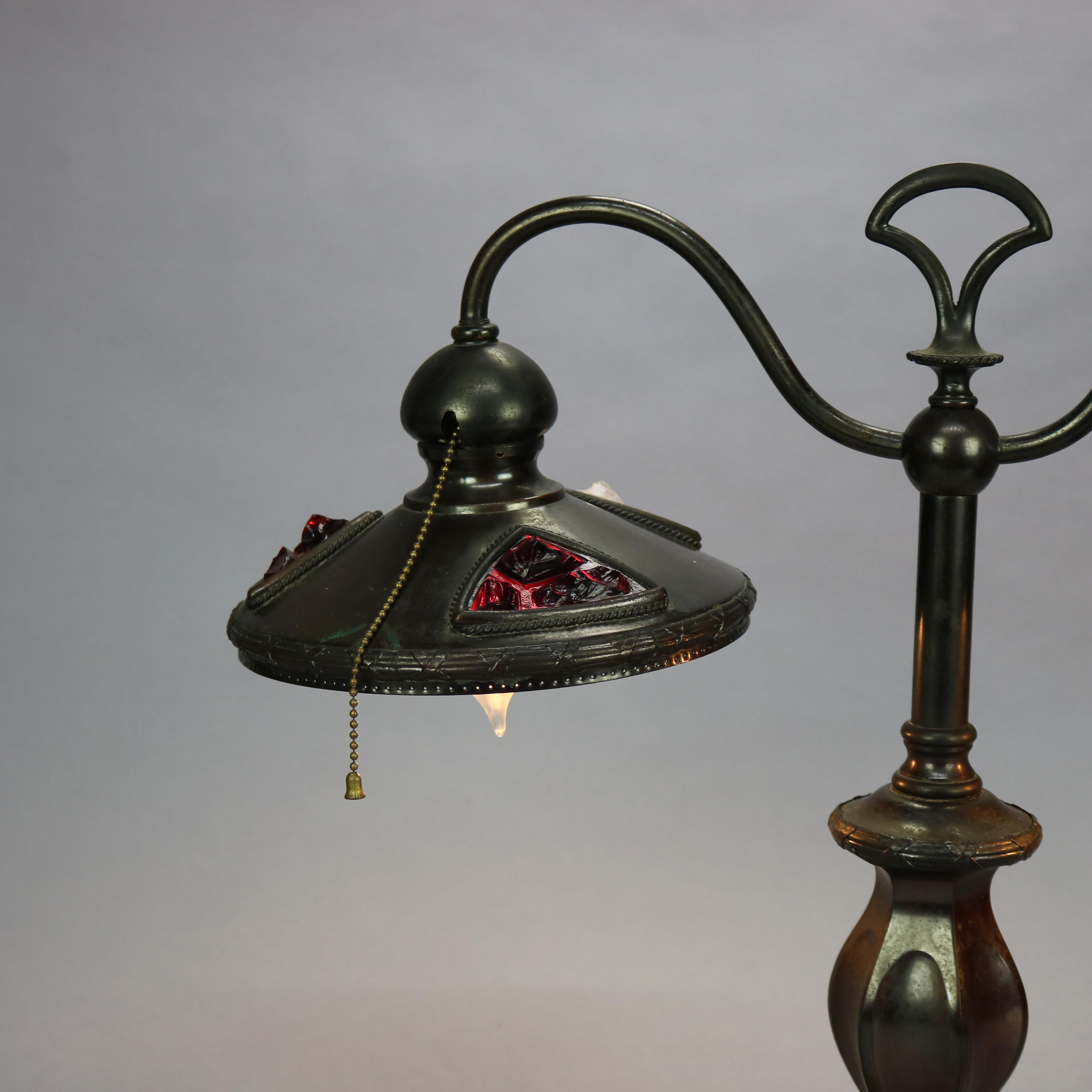 Art Nouveau Austrian Bronzed Metal & Chunk Jeweled Glass Table Lamp, c1910 3