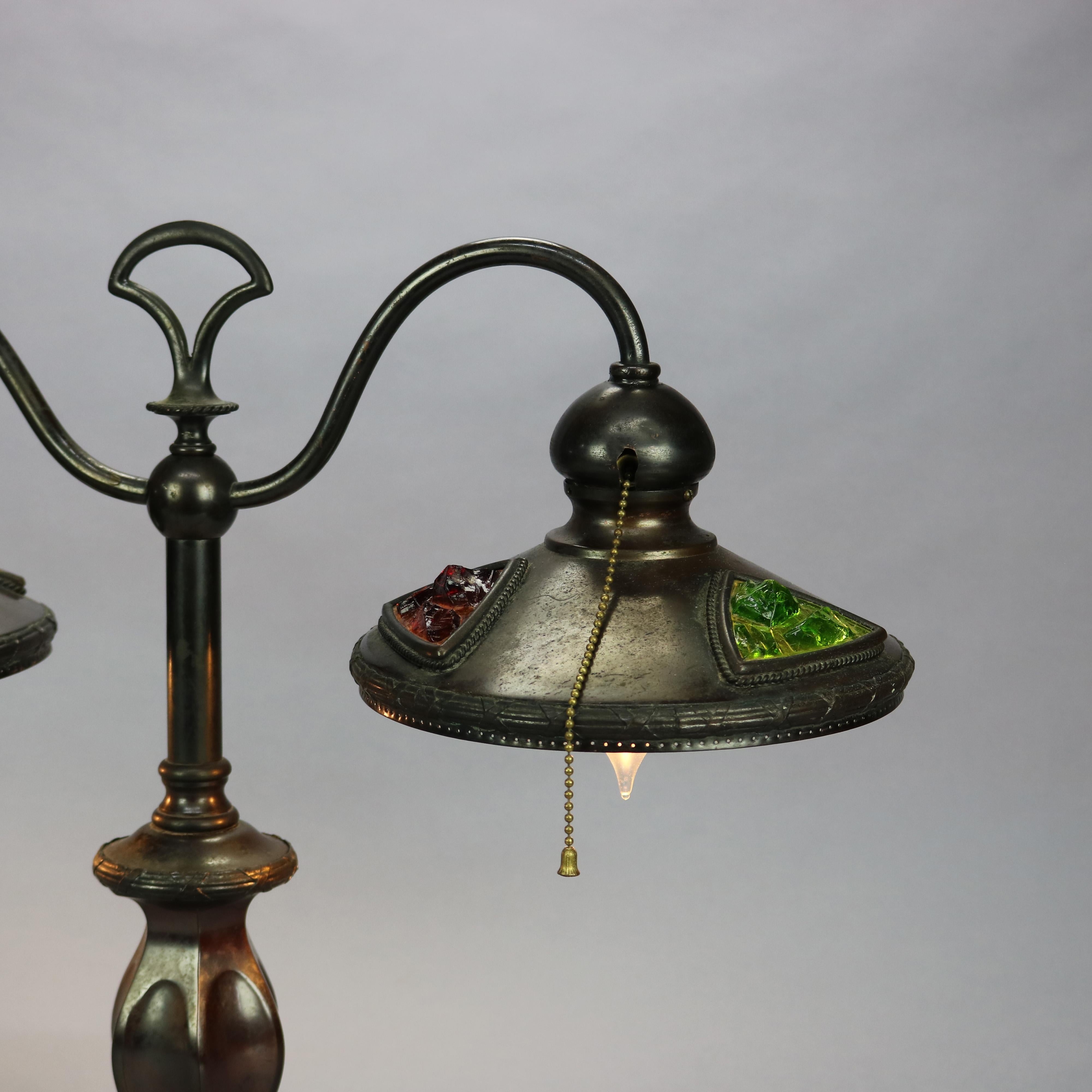 Art Nouveau Austrian Bronzed Metal & Chunk Jeweled Glass Table Lamp, c1910 4