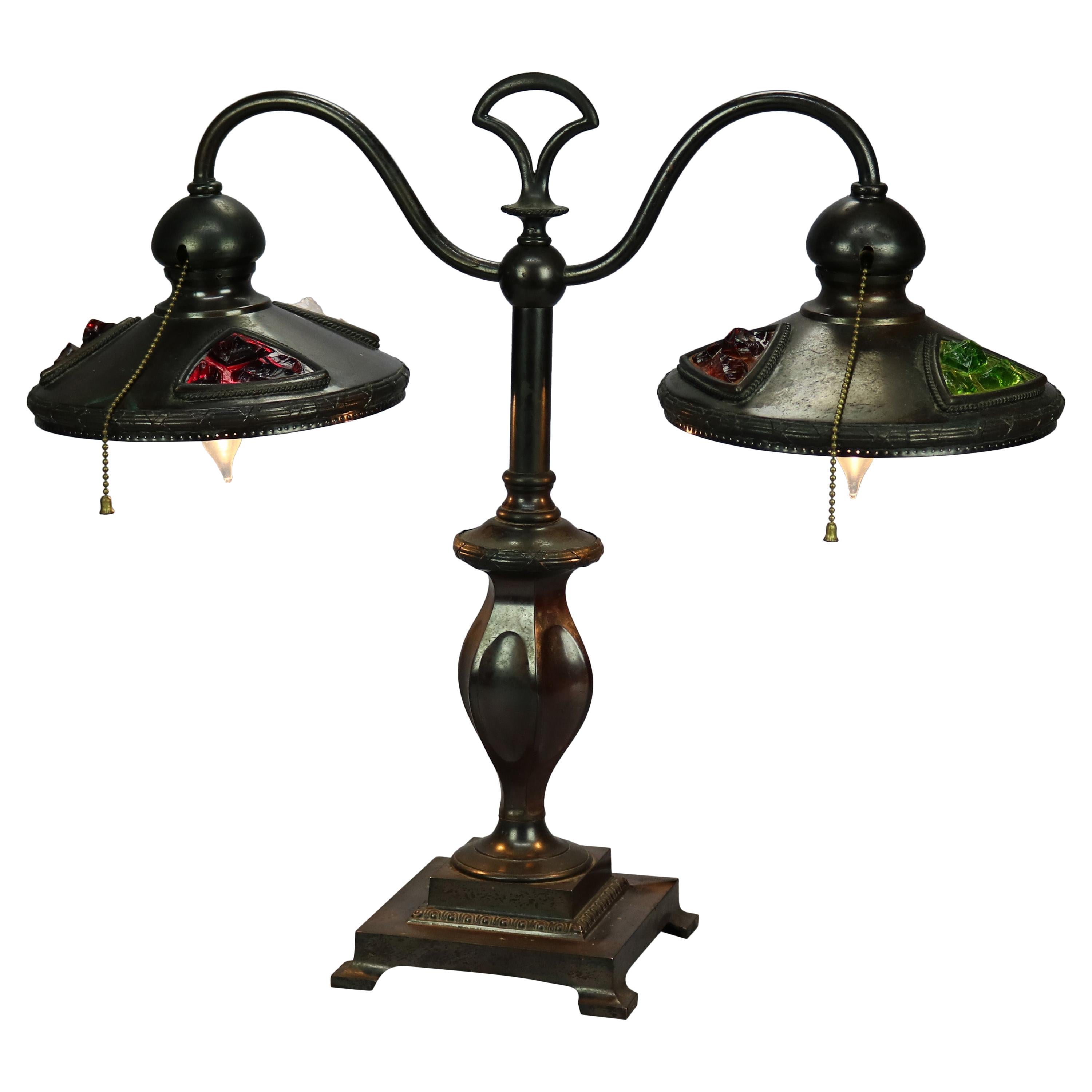 Art Nouveau Austrian Bronzed Metal & Chunk Jeweled Glass Table Lamp, c1910