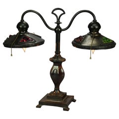 Antique Art Nouveau Austrian Bronzed Metal & Chunk Jeweled Glass Table Lamp, c1910