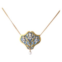 Art Nouveau Austrian Diamond Pearl 14k Yellow Gold Enamel Pendant Necklace
