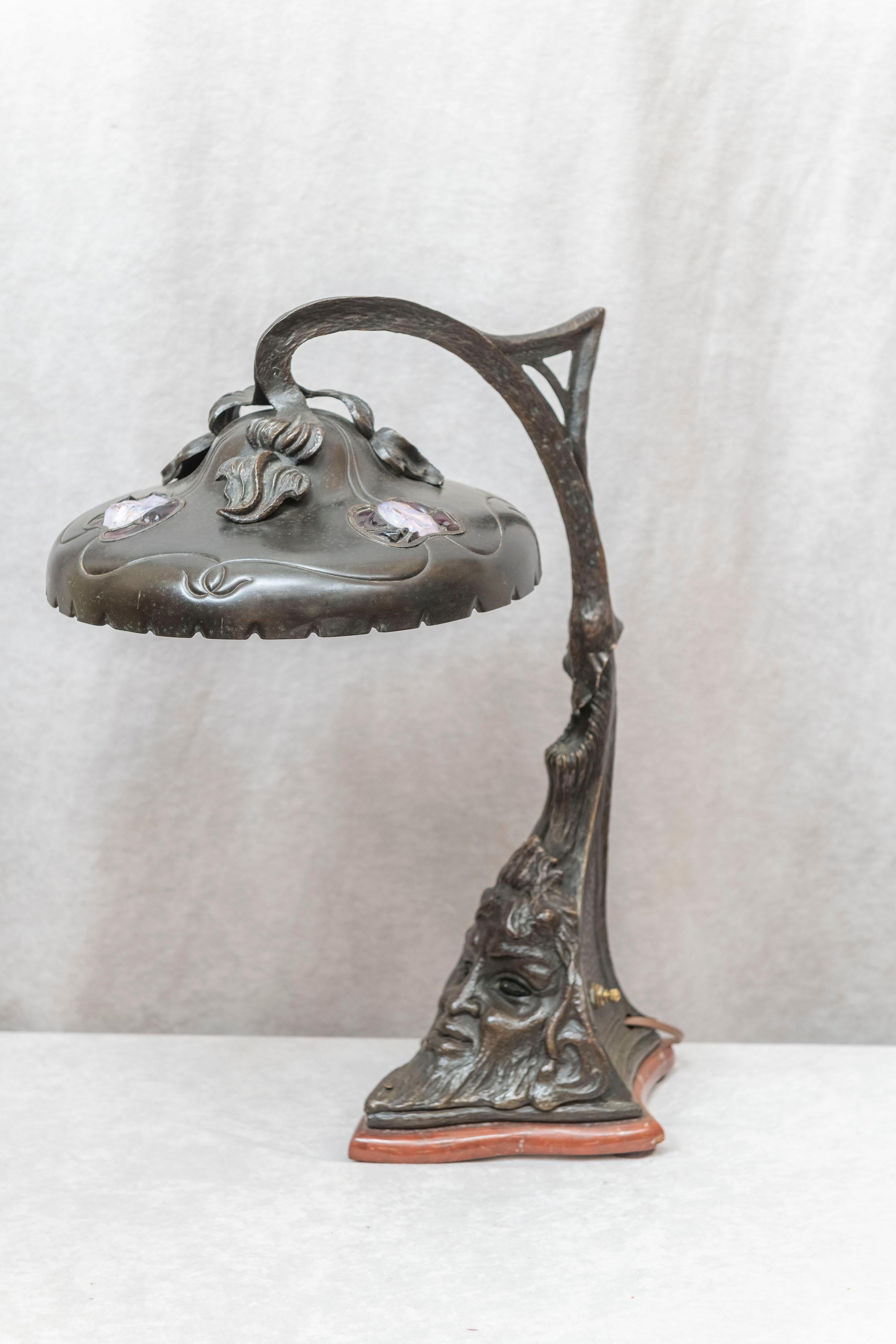 Art Nouveau Austrian Jeweled Lamp with Green Man Light Up Base, circa 1900 10