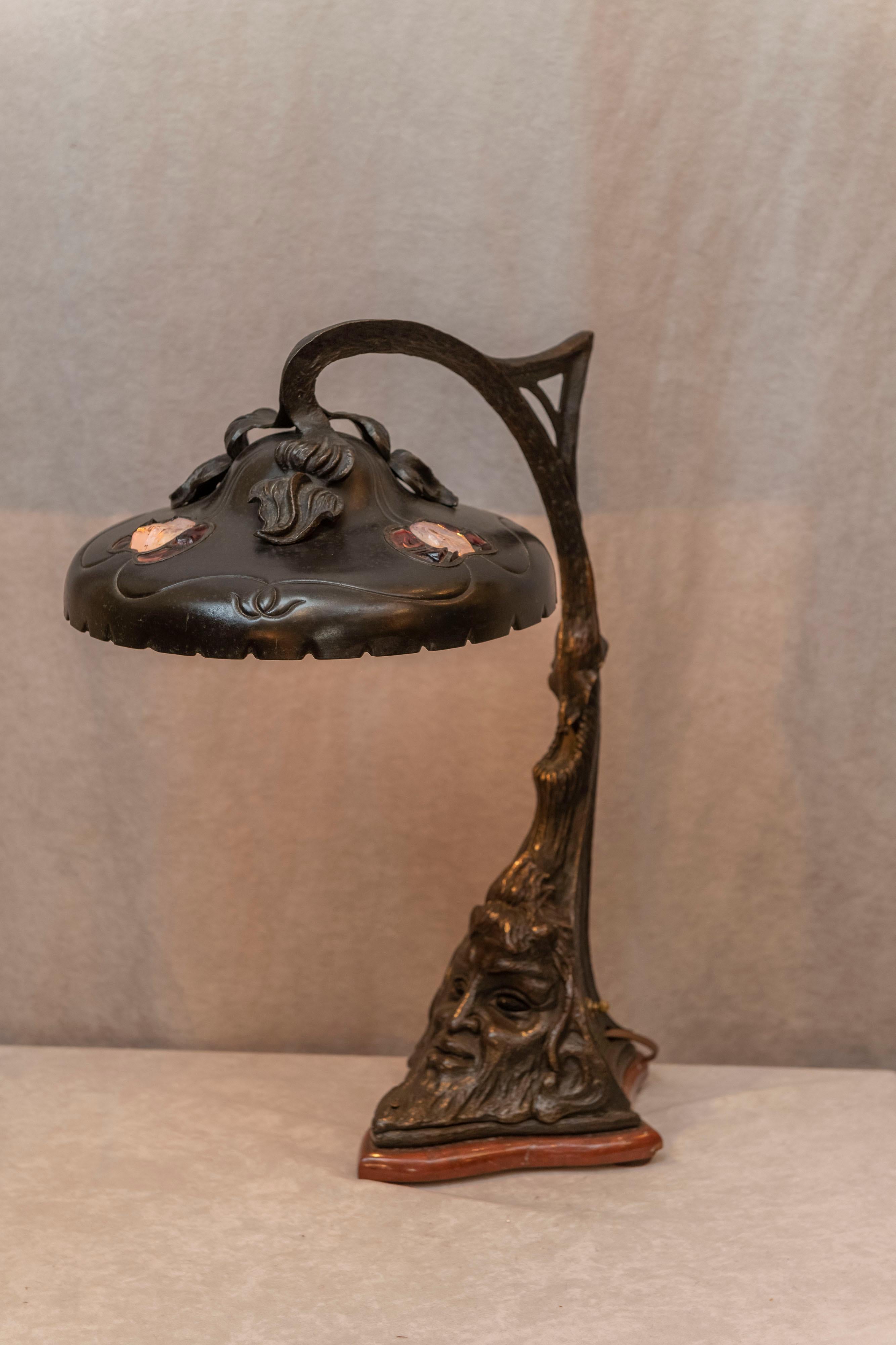 Bronze Art Nouveau Austrian Jeweled Lamp with Green Man Light Up Base, circa 1900