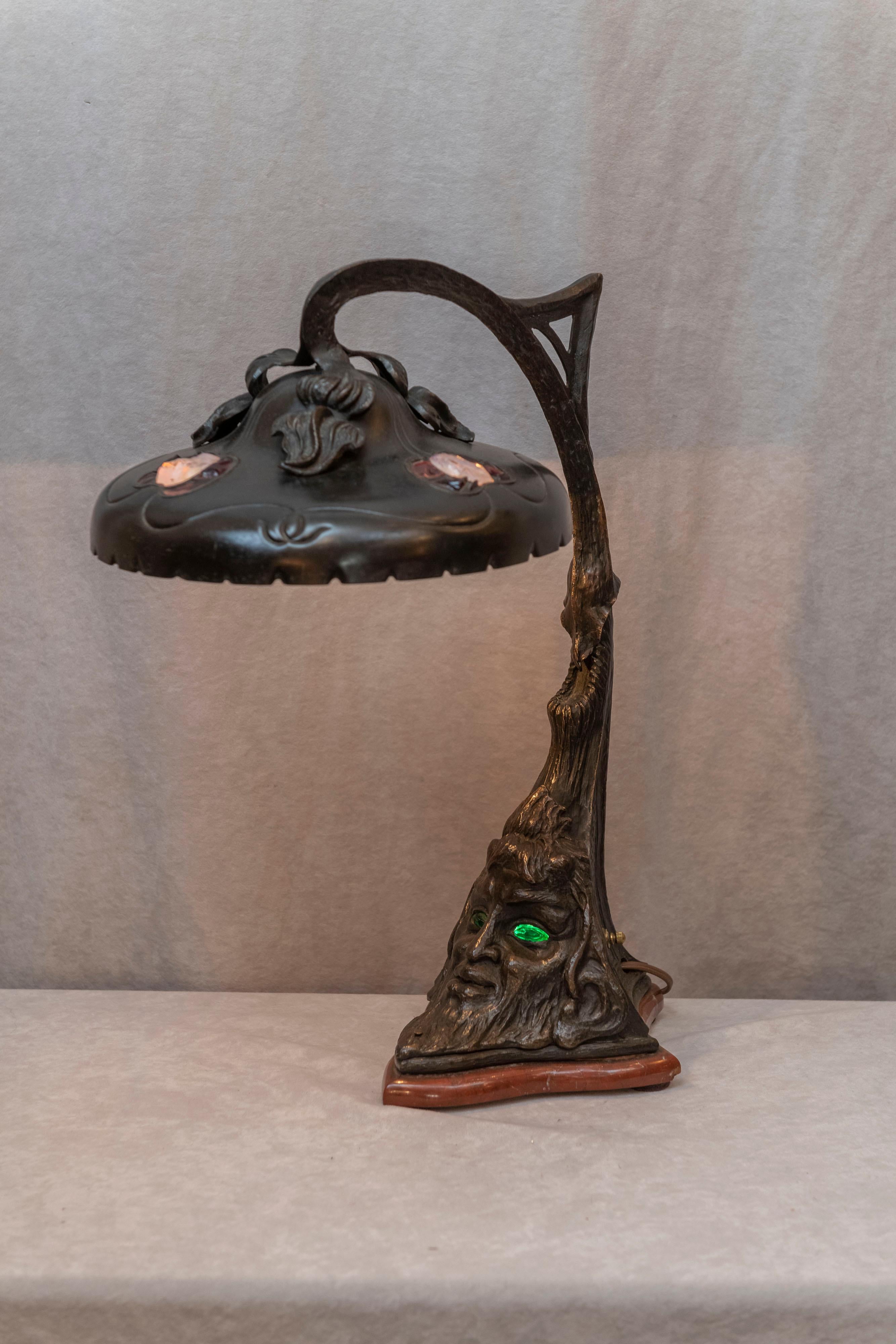 Art Nouveau Austrian Jeweled Lamp with Green Man Light Up Base, circa 1900 1
