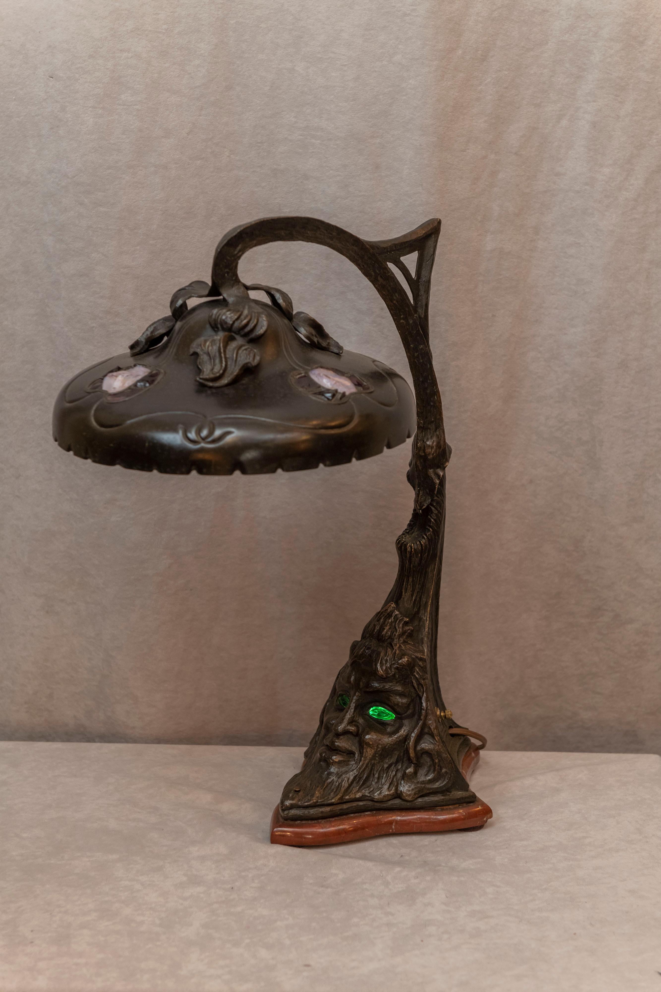 Art Nouveau Austrian Jeweled Lamp with Green Man Light Up Base, circa 1900 2