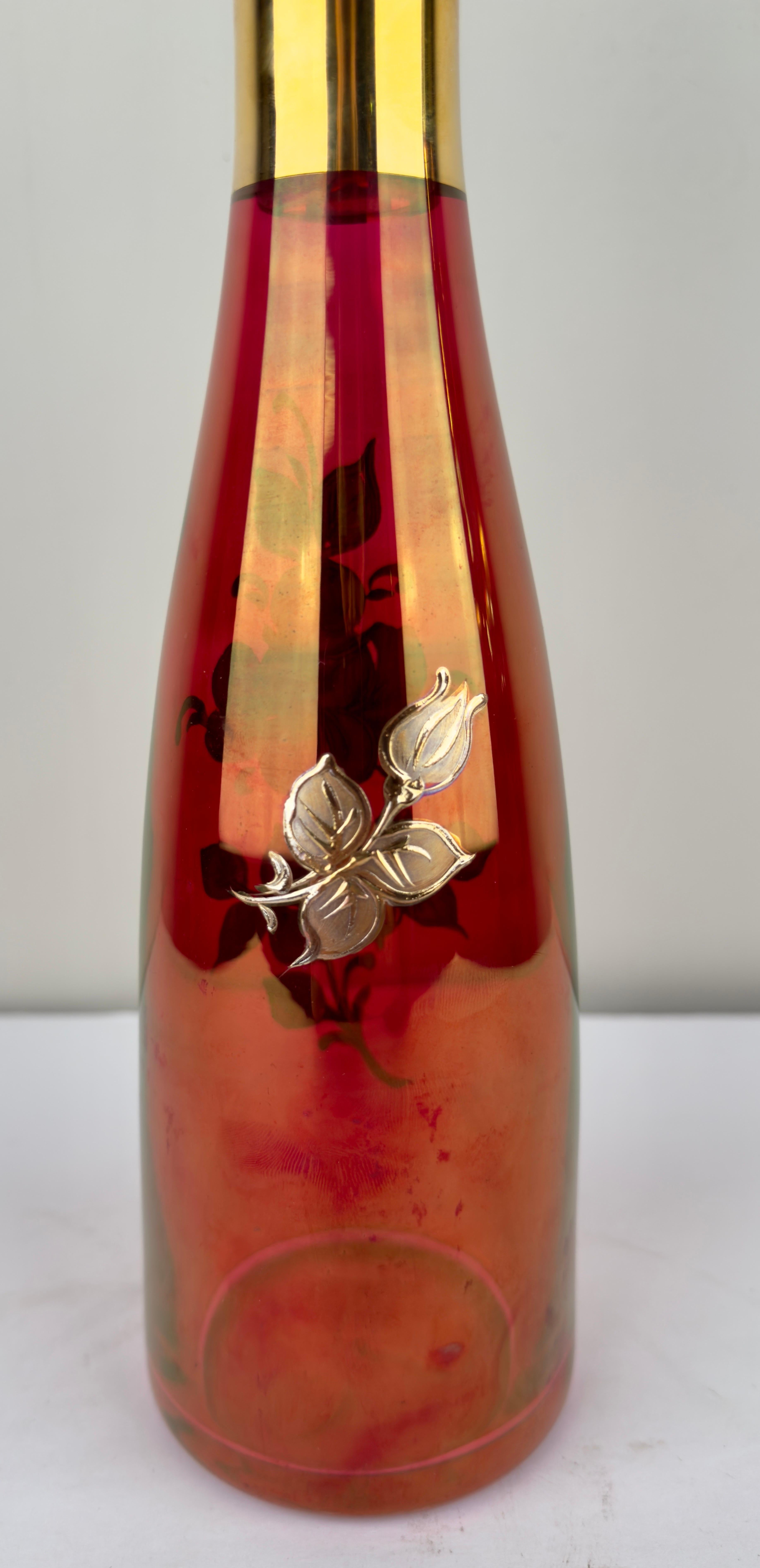 20th Century Art Nouveau Austrian Ruby & 24K Gold Etched Wine Glasses and Decanter, Set of 7 For Sale
