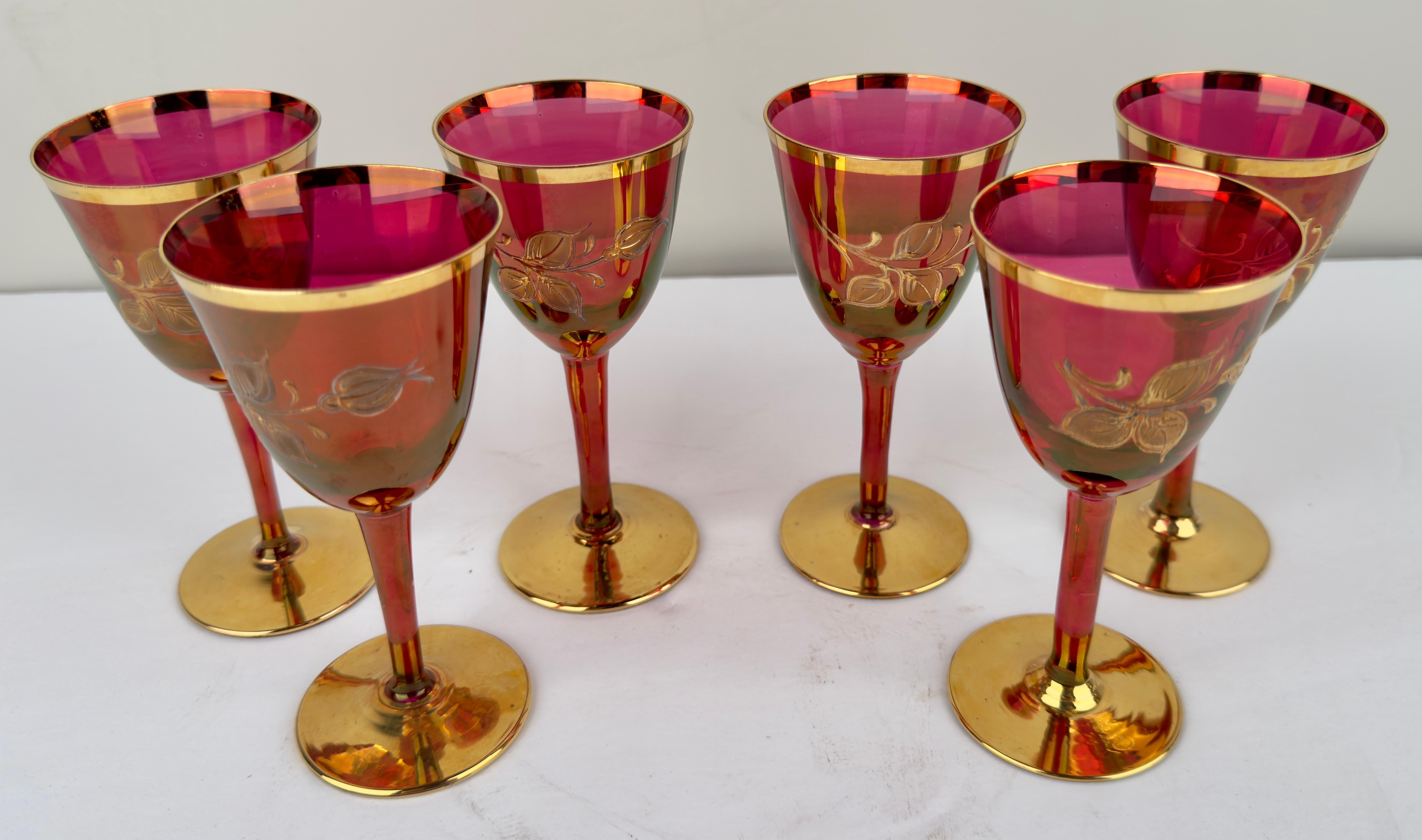 Art Glass Art Nouveau Austrian Ruby & 24K Gold Etched Wine Glasses and Decanter, Set of 7 For Sale