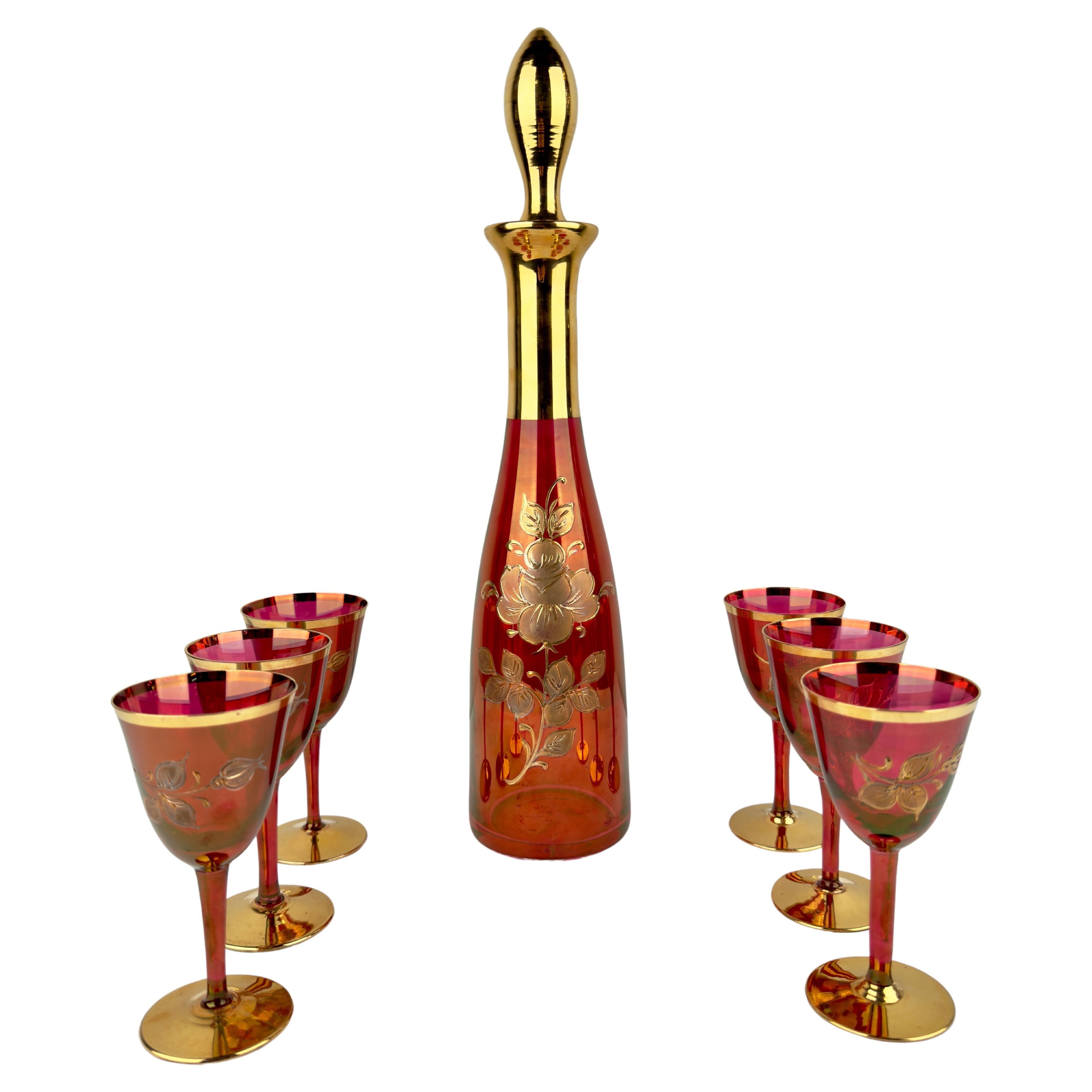 Art Nouveau Austrian Ruby & 24K Gold Etched Wine Glasses and Decanter, Set of 7 For Sale