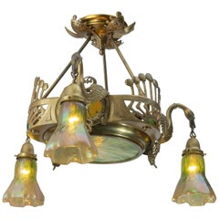 Antique Art Nouveau Austrian Secessionist 3-Arm Chandelier w/Art Glass and Swans ca.1900