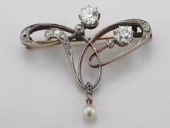 Art Nouveau Austro Hungarian Diamond, Pearl, Platinum-Topped Yellow Gold Brooch