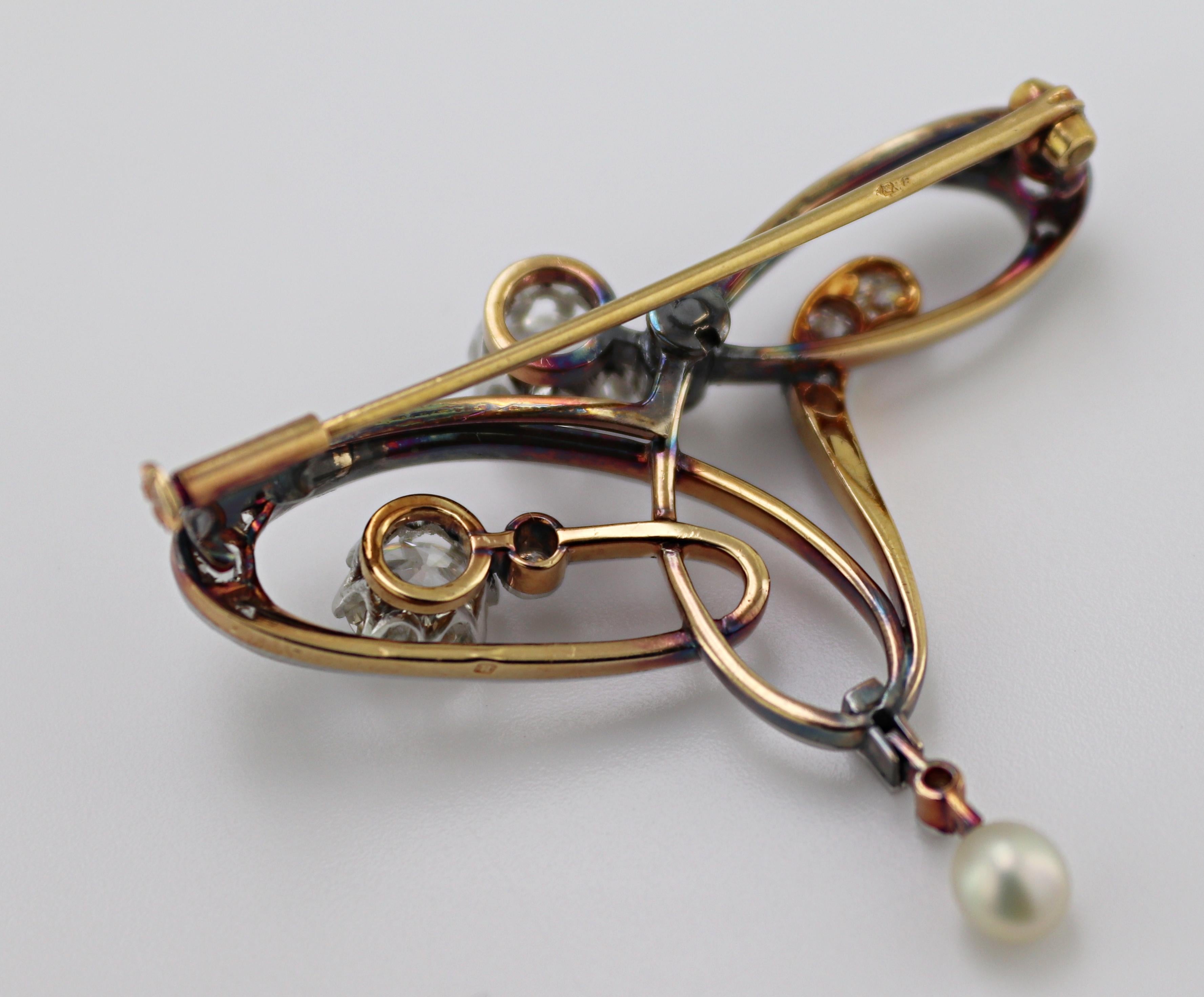 Mixed Cut Art Nouveau Austro Hungarian Diamond, Pearl, Platinum-Topped Yellow Gold Brooch For Sale