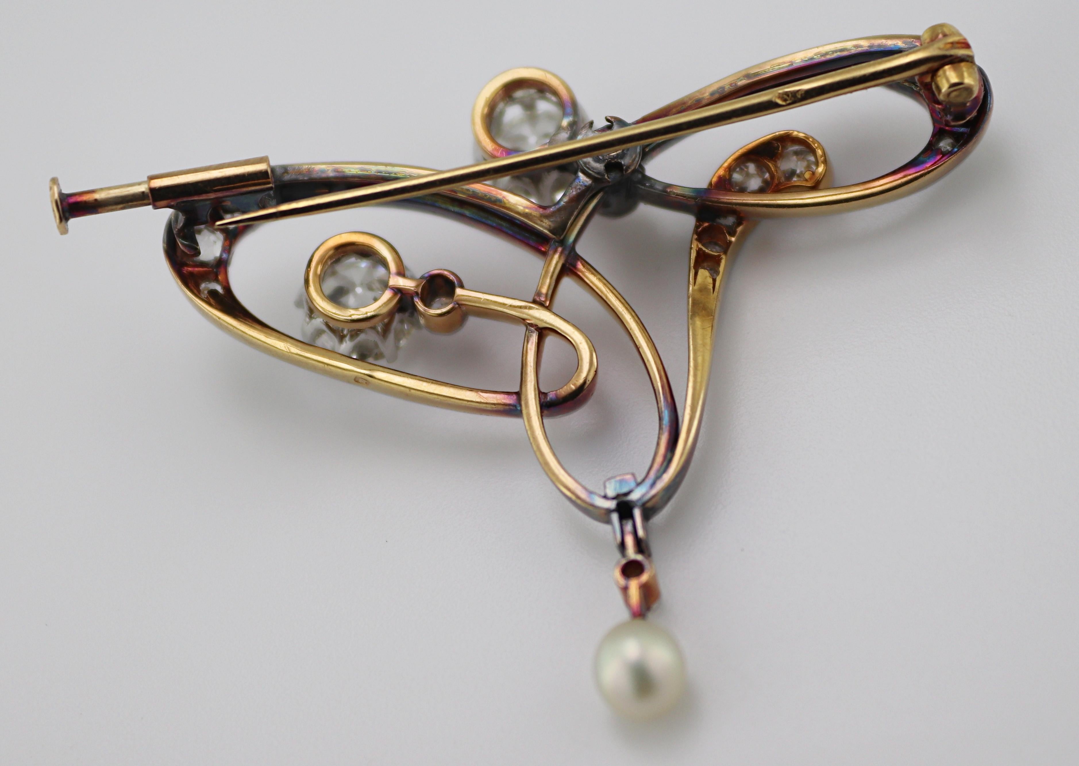 Art Nouveau Austro Hungarian Diamond, Pearl, Platinum-Topped Yellow Gold Brooch In Good Condition For Sale In Pleasant Hill, CA