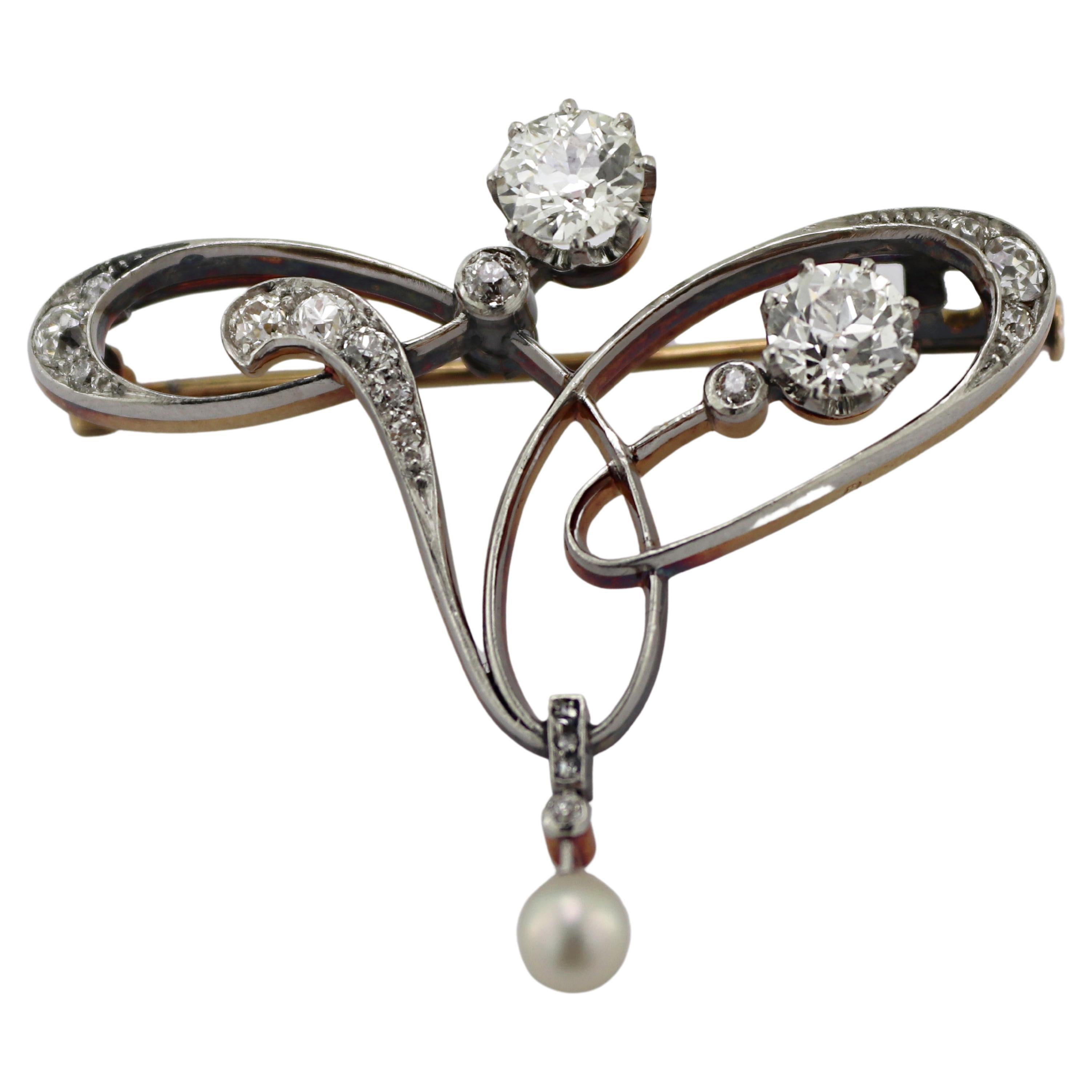 Art Nouveau Austro Hungarian Diamond, Pearl, Platinum-Topped Yellow Gold Brooch For Sale