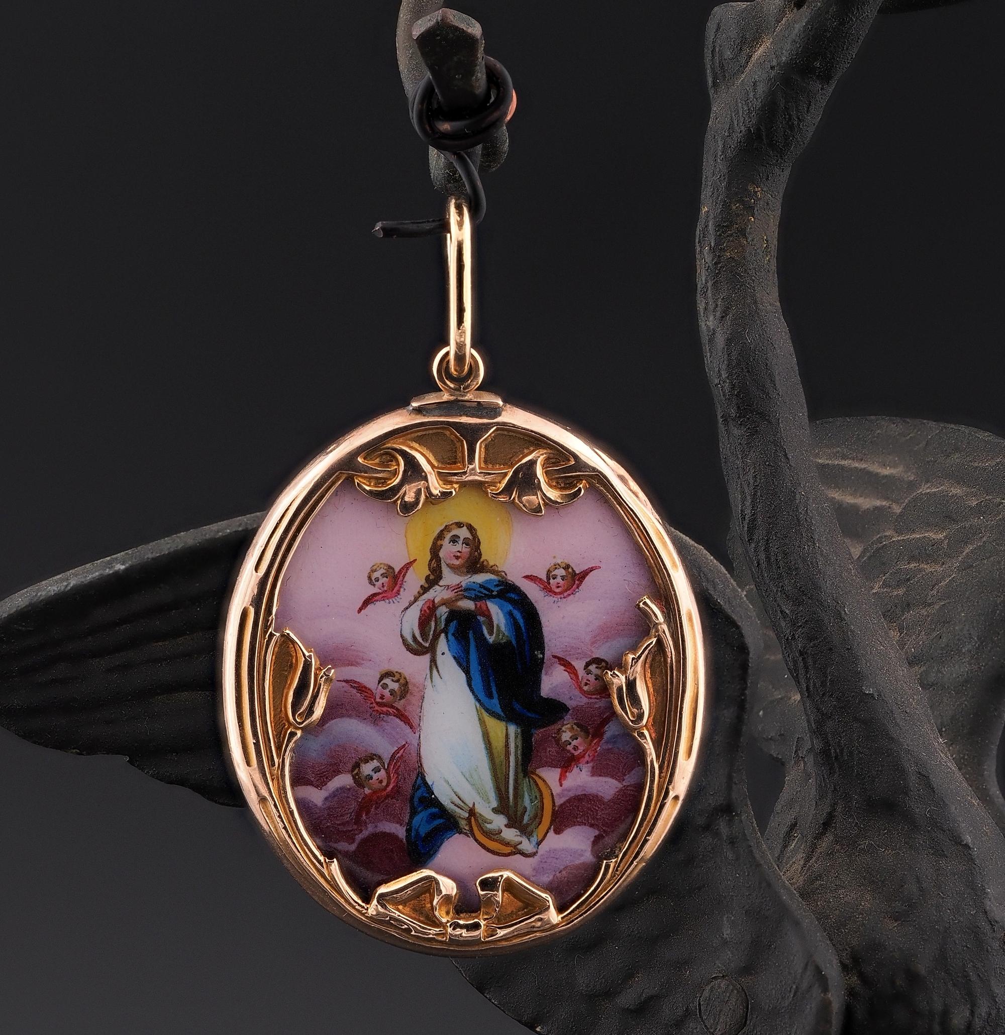 This beautiful religious pendant is 1890 ca
Rare find from the Art Nouveau period, having distinctive decoration of the era, it has been hand crafted of solid 18 KT gold, Austro Hungarian origin standing from age and language written on the