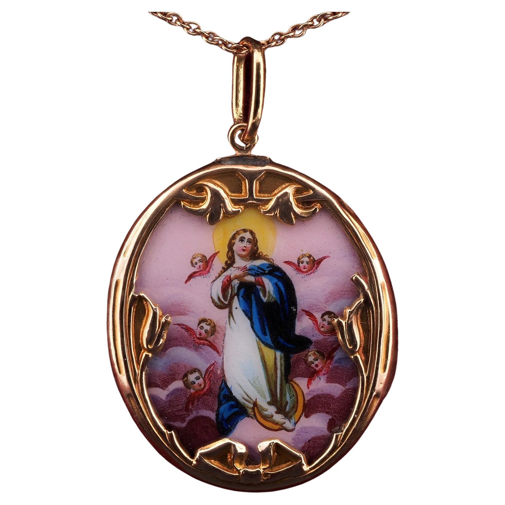 Art Nouveau Austro-Hungarian Enamelled Virgin Mary Pendant For Sale