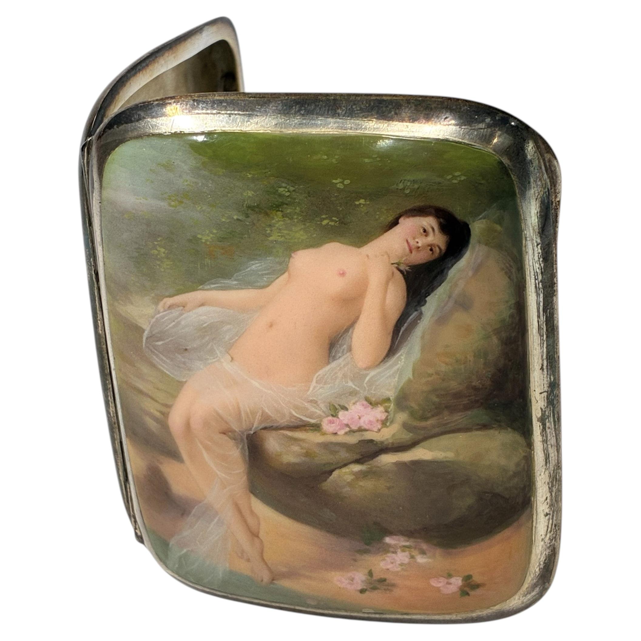 Art Nouveau Austro-Hungarian Silver and Enamel Cigarette Case with Erotic Scene For Sale