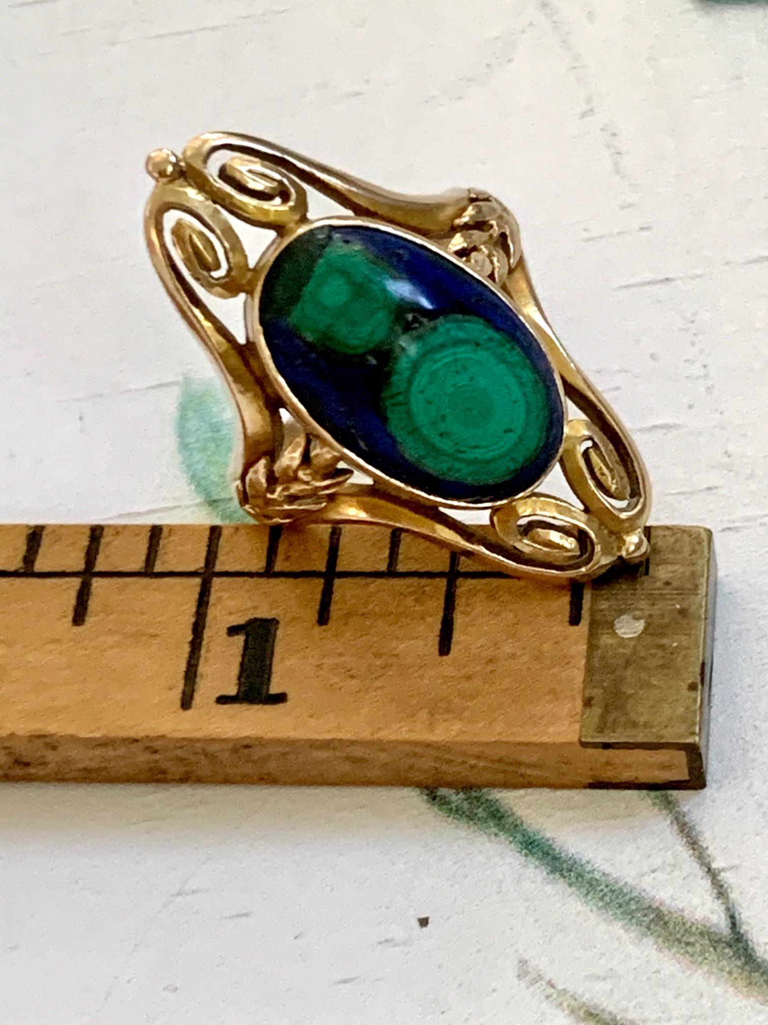 Art Nouveau Azurite Malachite Cabochon 14 Karat Yellow Gold Ring - Size 6 3/4 5