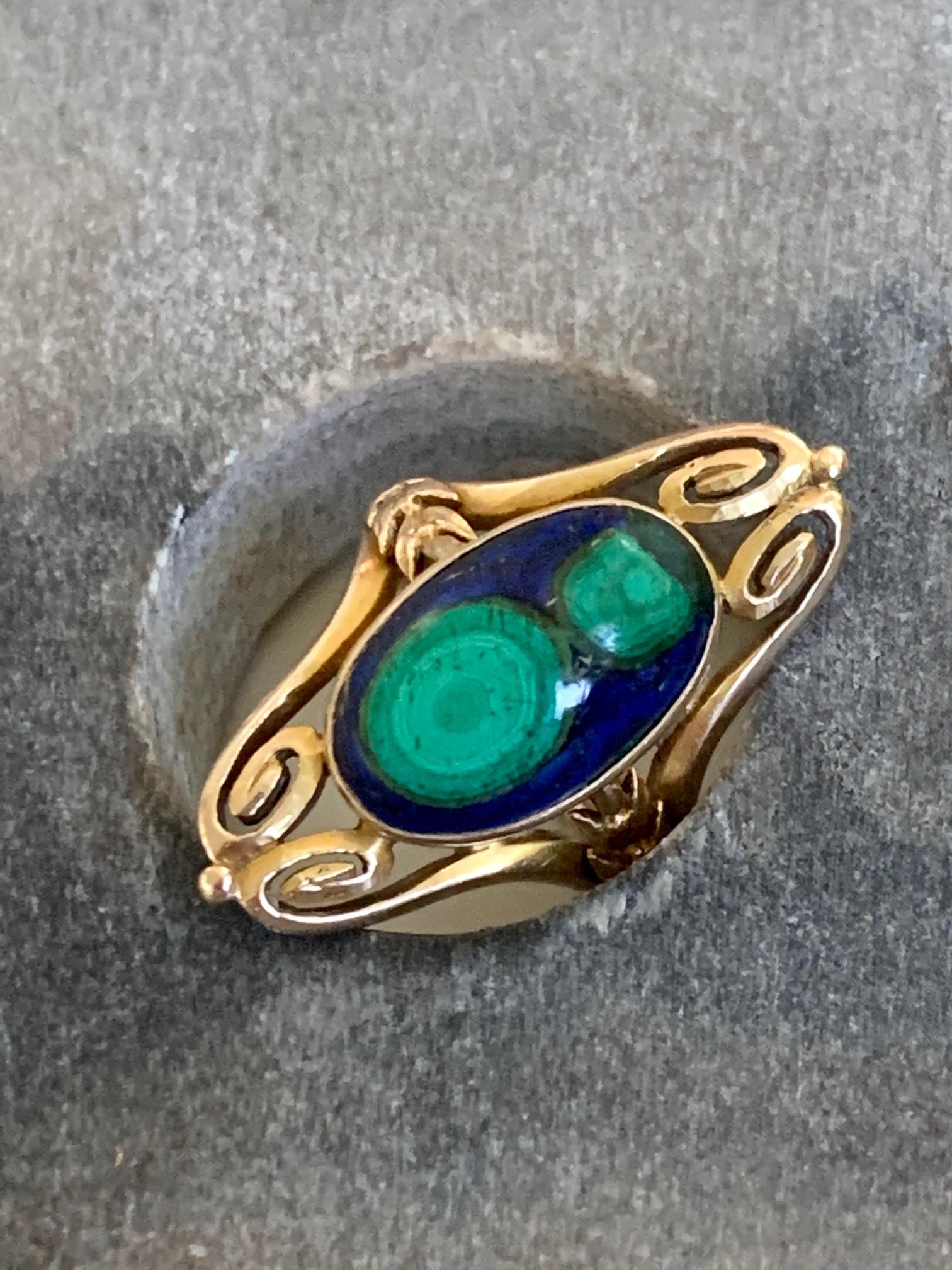 Art Nouveau Azurite Malachite Cabochon 14 Karat Yellow Gold Ring - Size 6 3/4 In Good Condition In St. Louis Park, MN