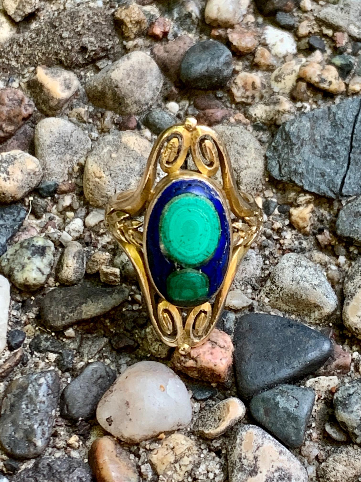 Women's Art Nouveau Azurite Malachite Cabochon 14 Karat Yellow Gold Ring - Size 6 3/4