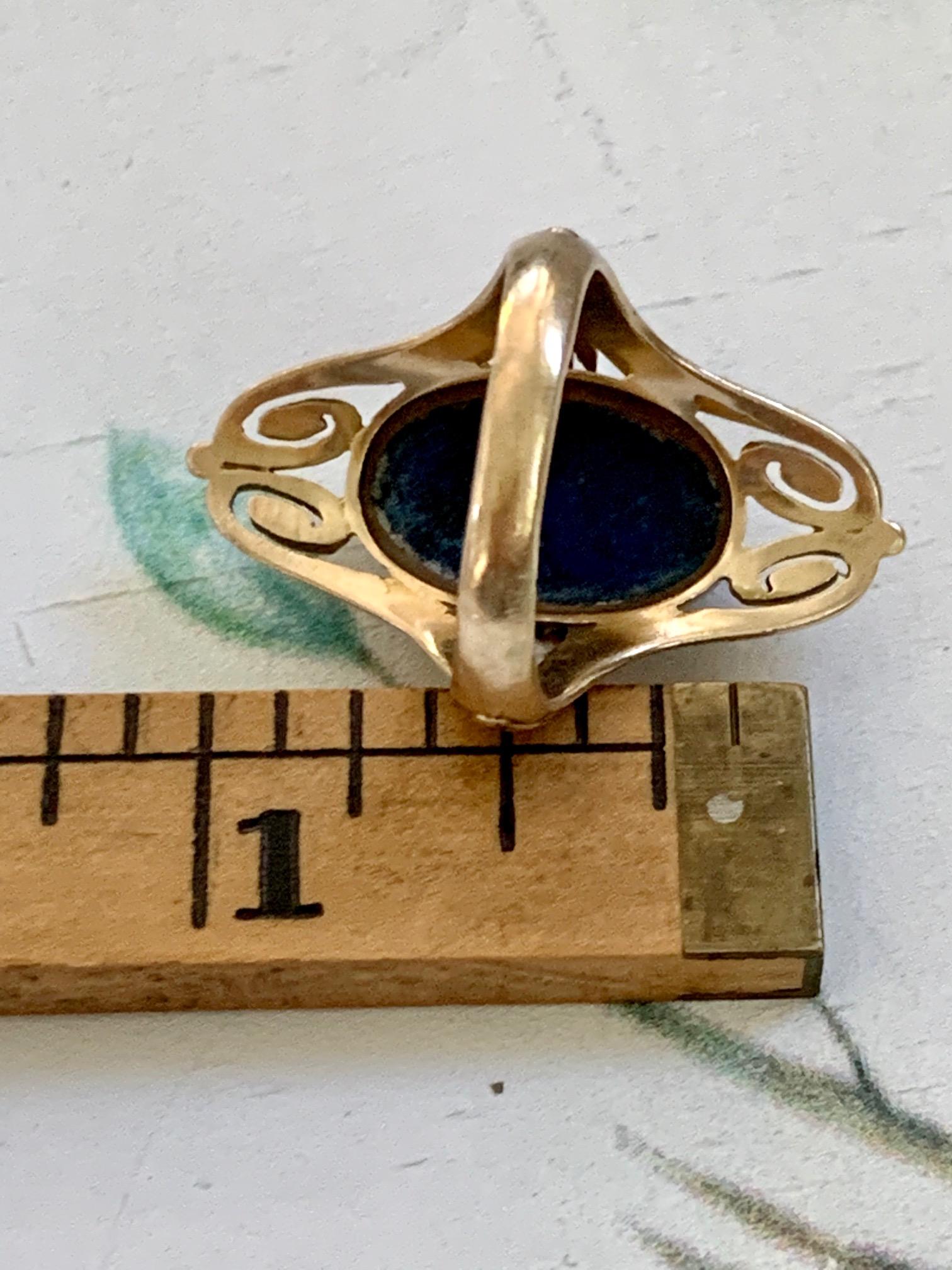 Art Nouveau Azurite Malachite Cabochon 14 Karat Yellow Gold Ring - Size 6 3/4 4