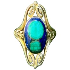 Art Nouveau Azurite Malachite Cabochon 14 Karat Yellow Gold Ring - Size 6 3/4