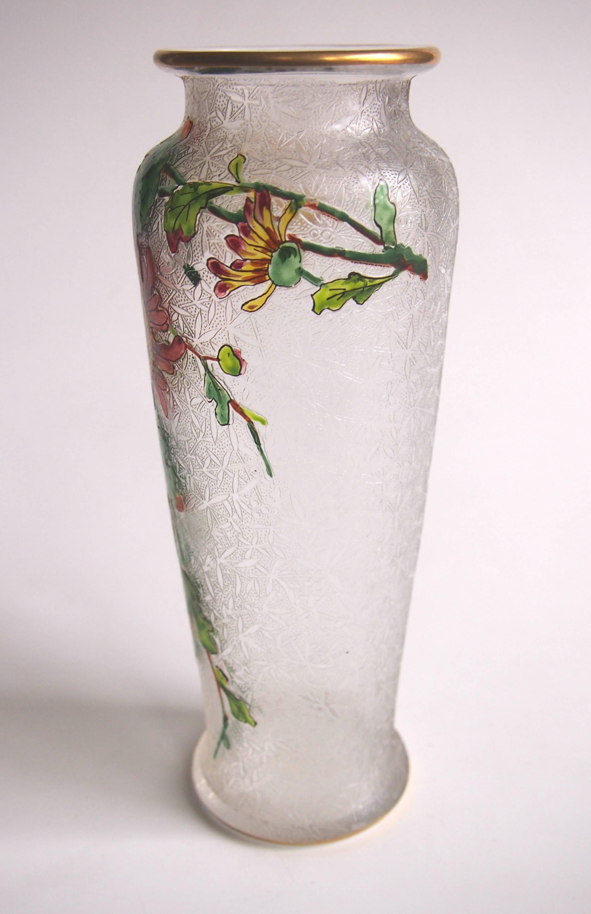 Art Nouveau French Baccarat Crystal Glass Acid Cut Back and Enamel Vase In Good Condition In London, GB