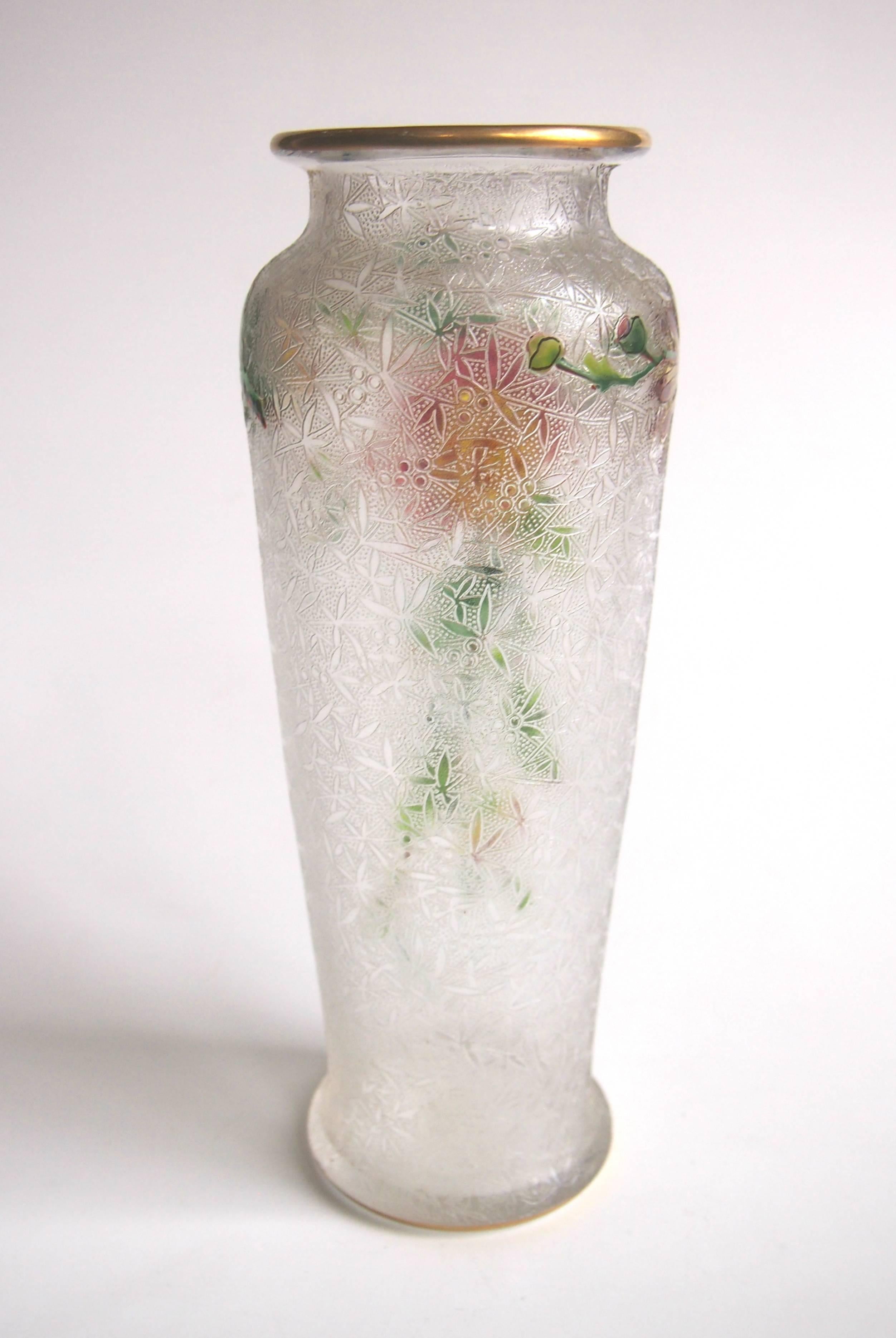 Early 20th Century Art Nouveau French Baccarat Crystal Glass Acid Cut Back and Enamel Vase