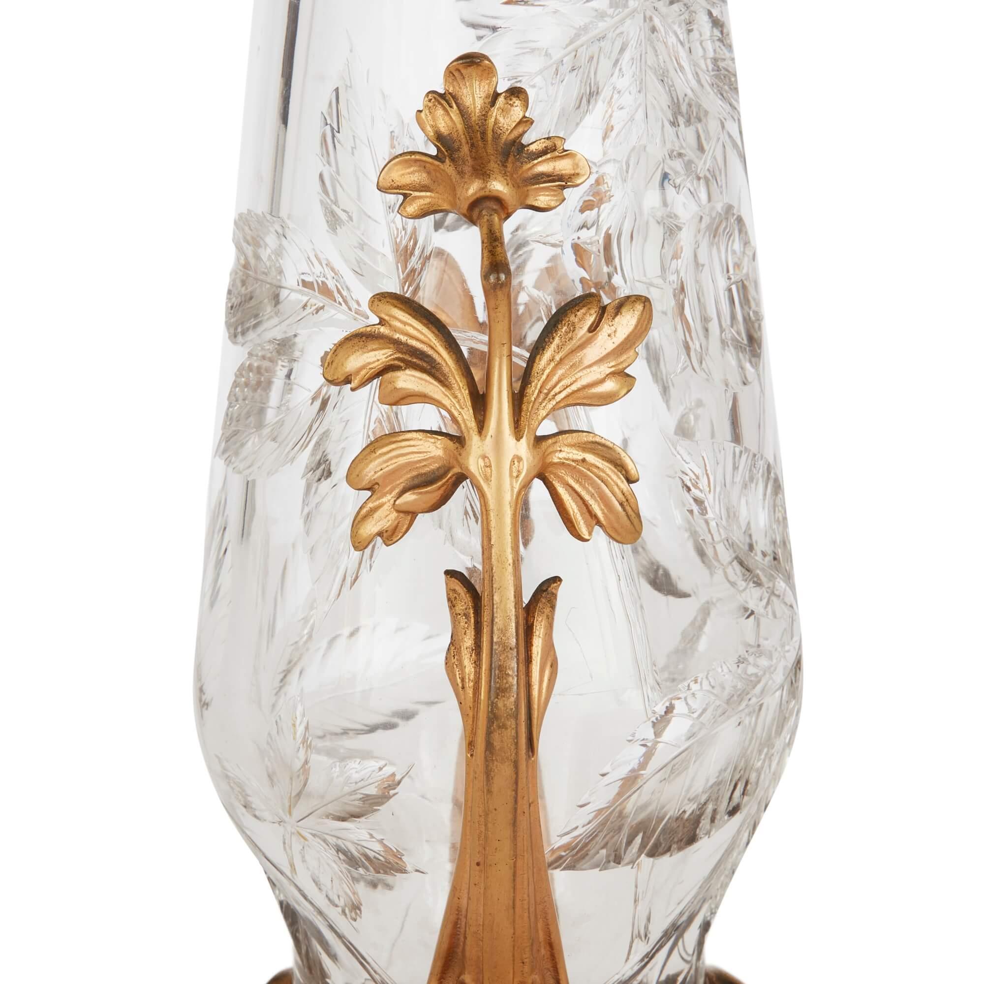 Engraved Art Nouveau Baccarat Crystal Vase with Ormolu Base For Sale