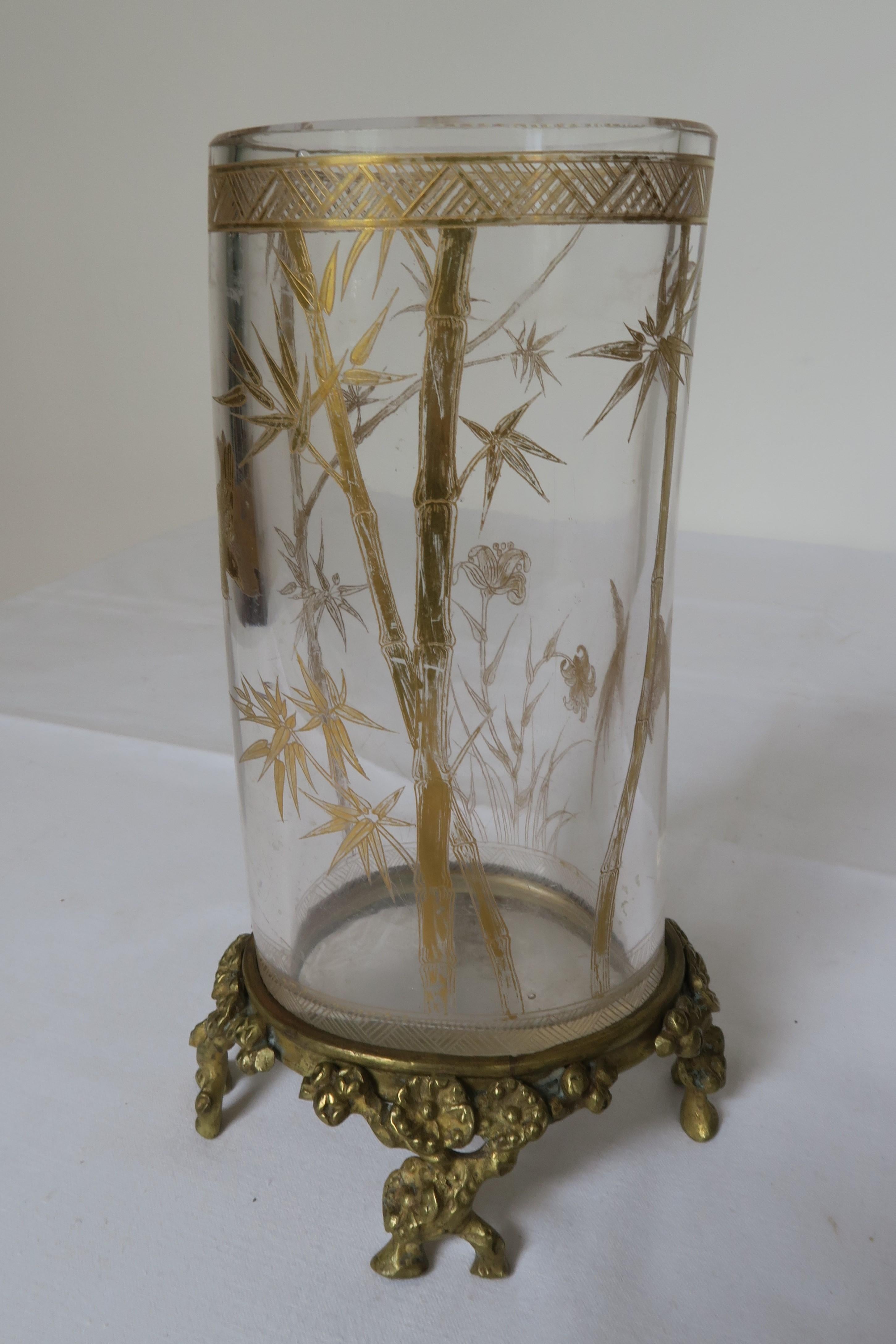 Art Nouveau Bamboo and Bird Design Glass and Bronze Vase For Sale 5