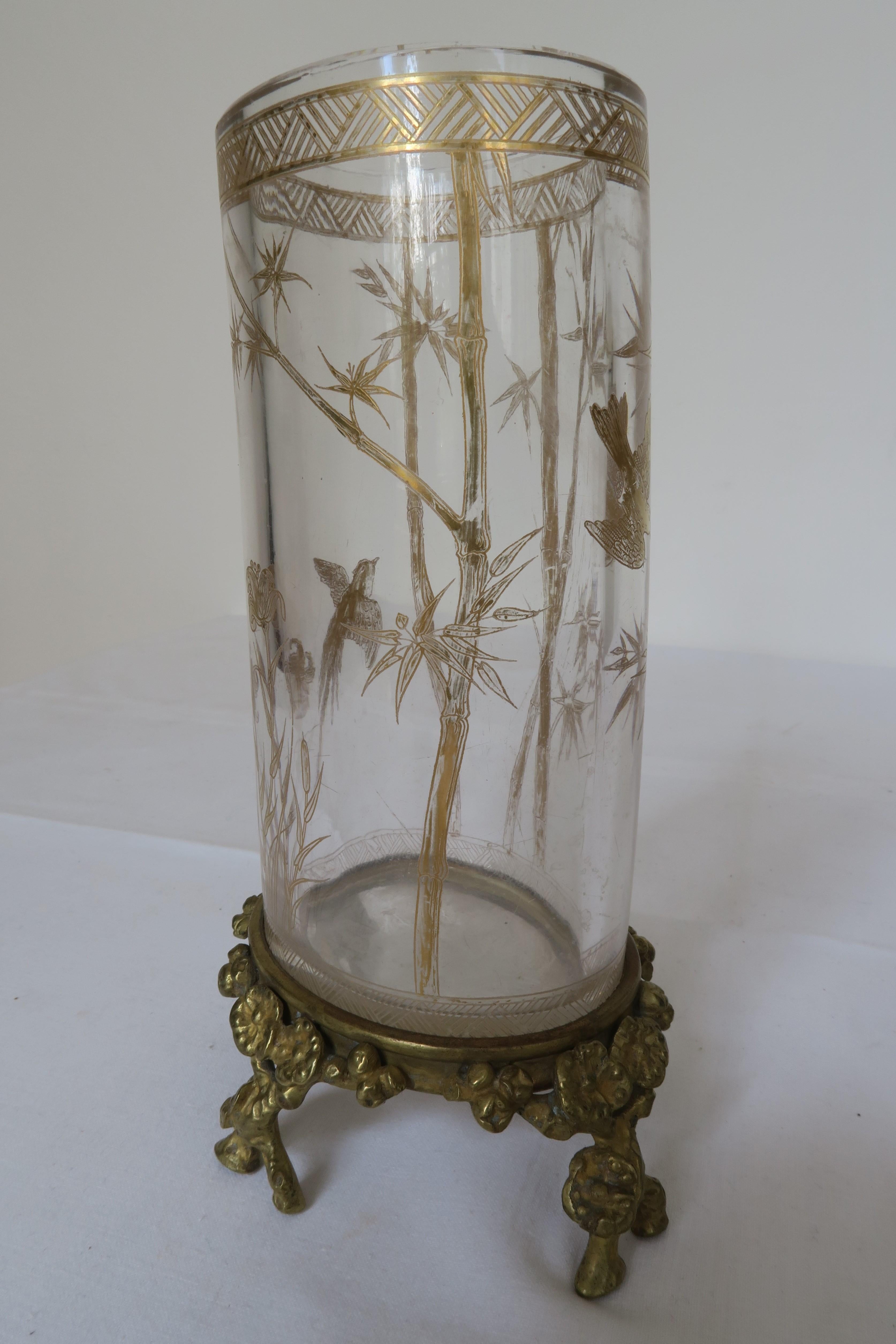 French Art Nouveau Bamboo and Bird Design Glass and Bronze Vase For Sale