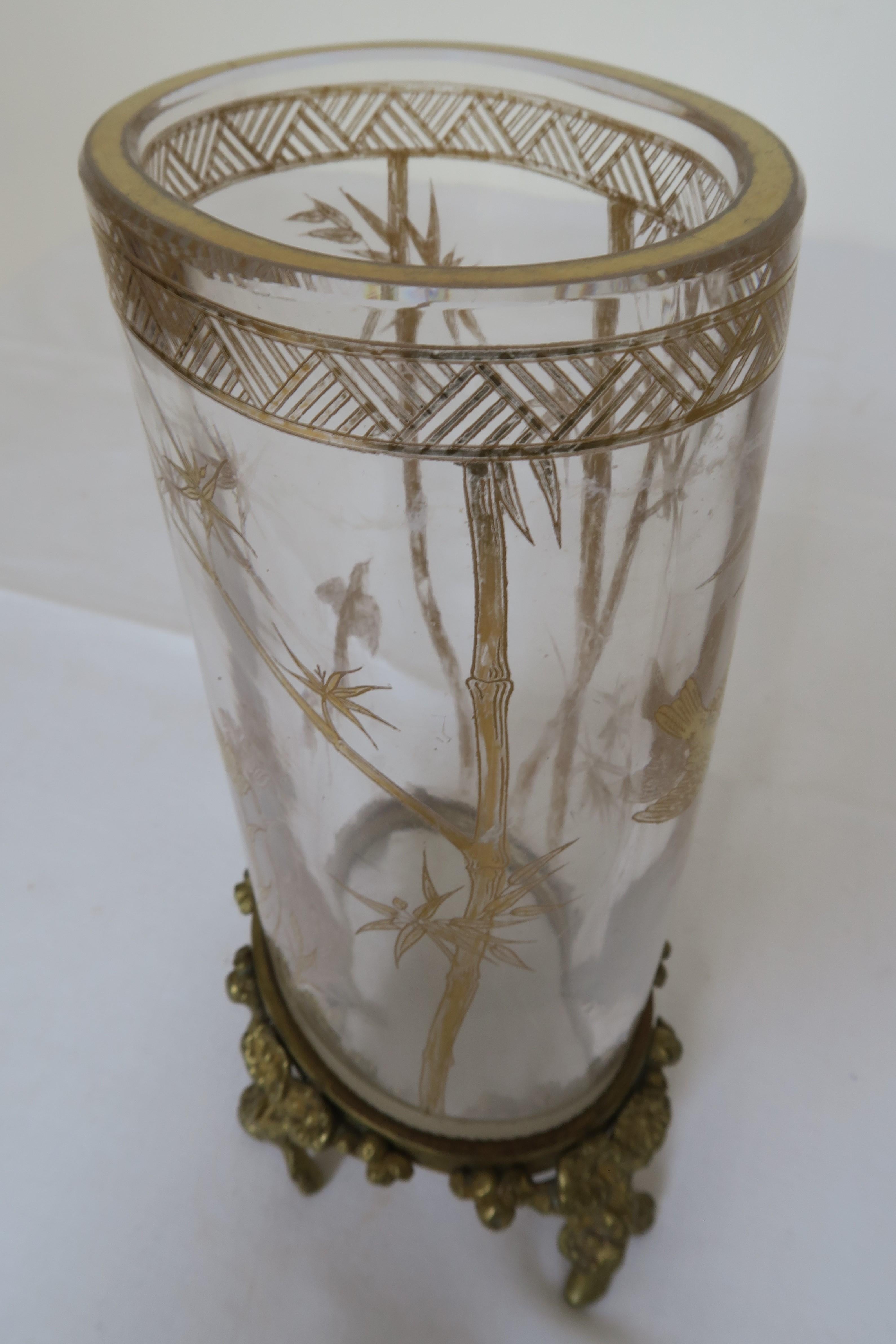 Art Nouveau Bamboo and Bird Design Glass and Bronze Vase For Sale 2