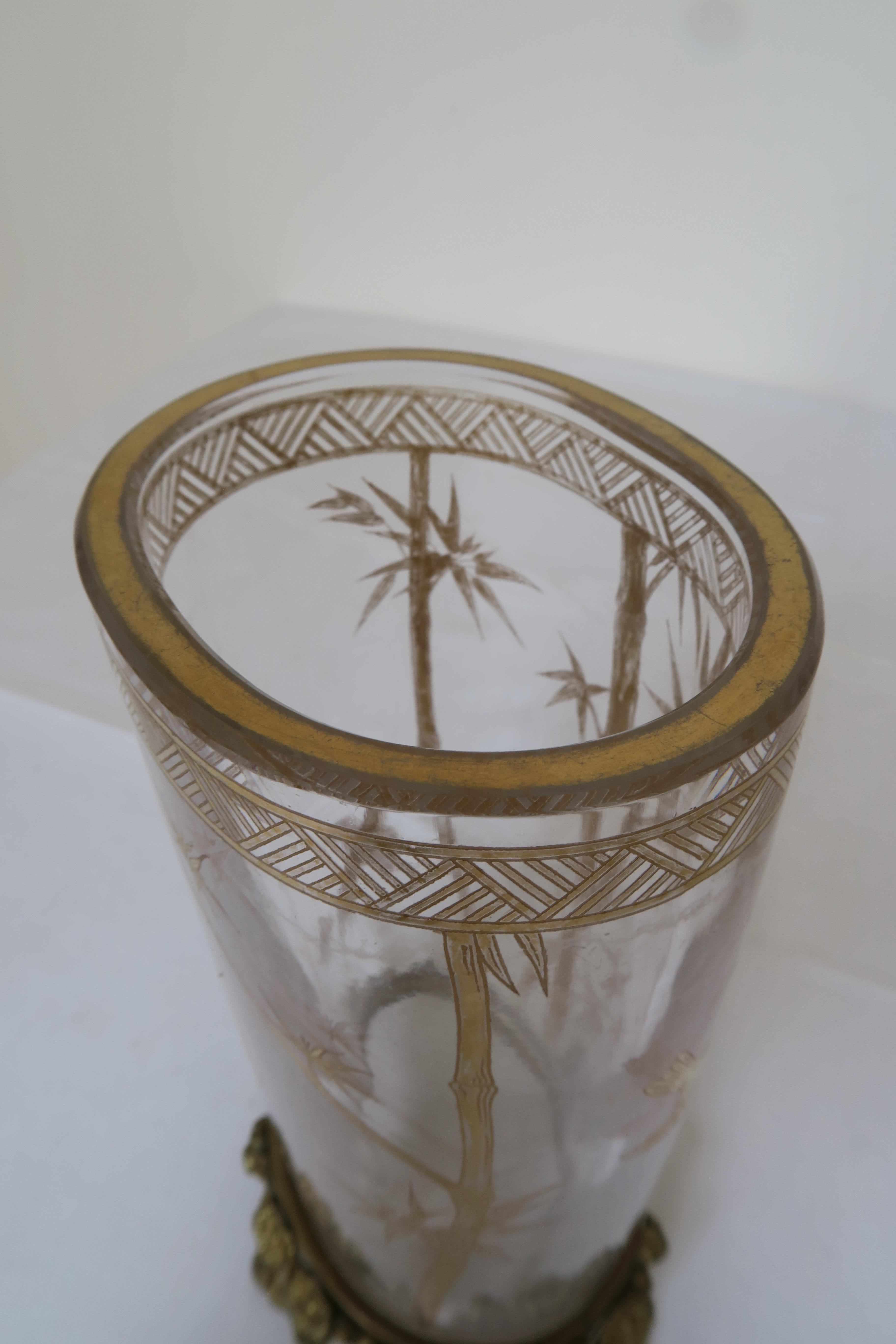 Art Nouveau Bamboo and Bird Design Glass and Bronze Vase For Sale 3