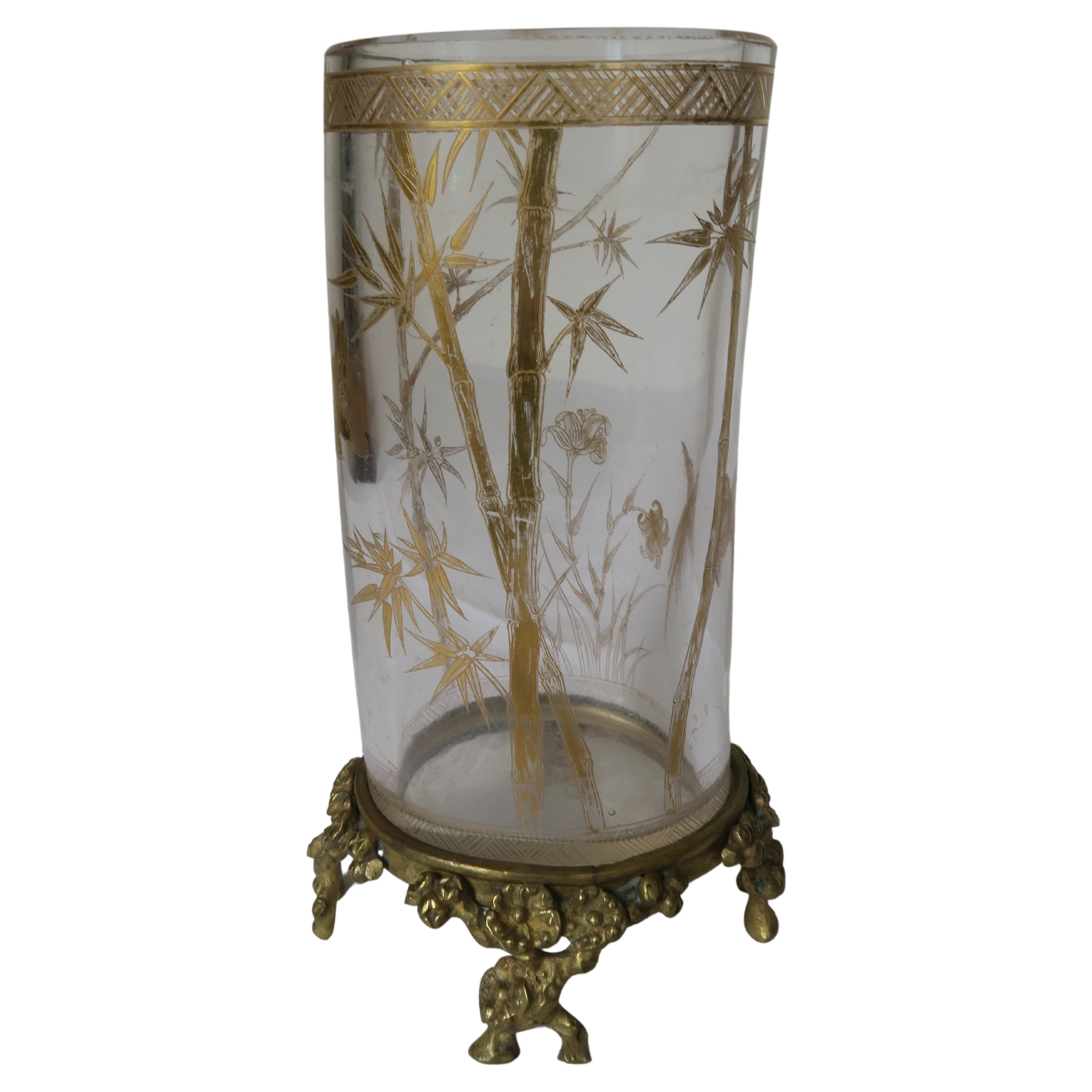 Art Nouveau Bamboo and Bird Design Glass and Bronze Vase For Sale