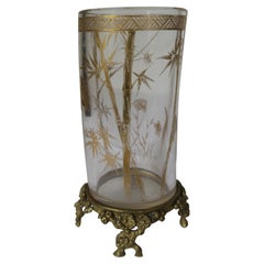Art Nouveau Bamboo and Bird Design Glass and Bronze Vase