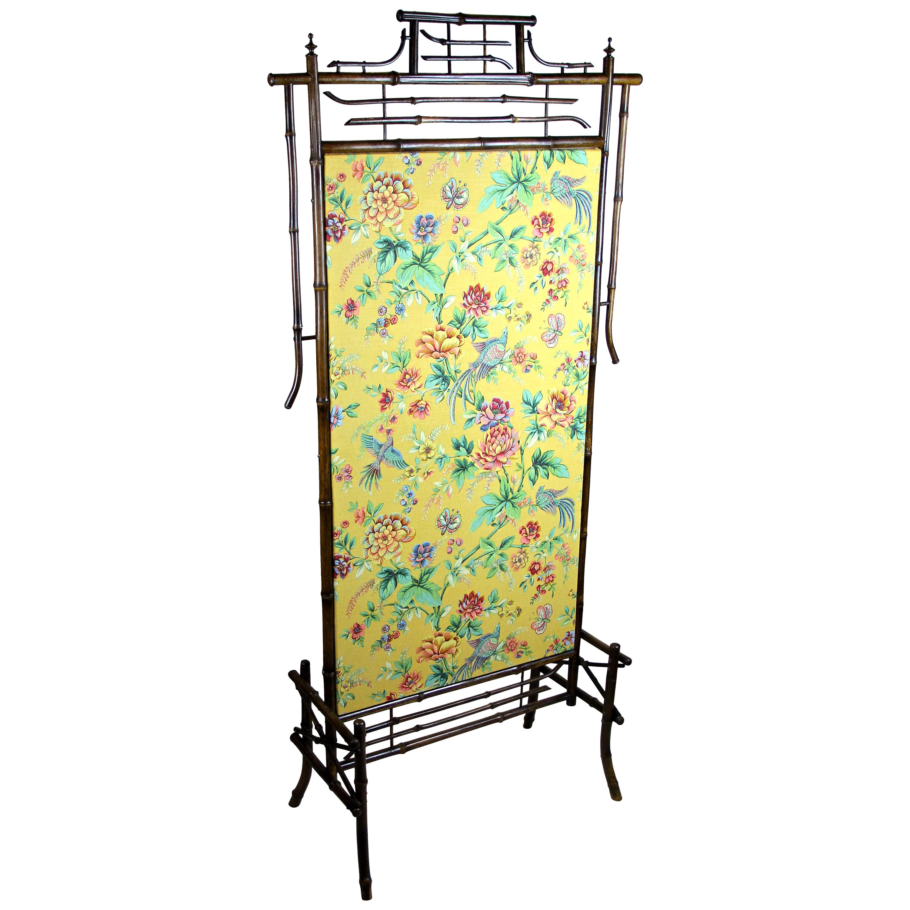 From the very early 20th century, the rise of the Art Nouveau era in Austria comes this outstanding bamboo screen. The elaborately composed bamboo frame gives this unique screen a kind of Asian look and shows a newly upholstered panel with a very