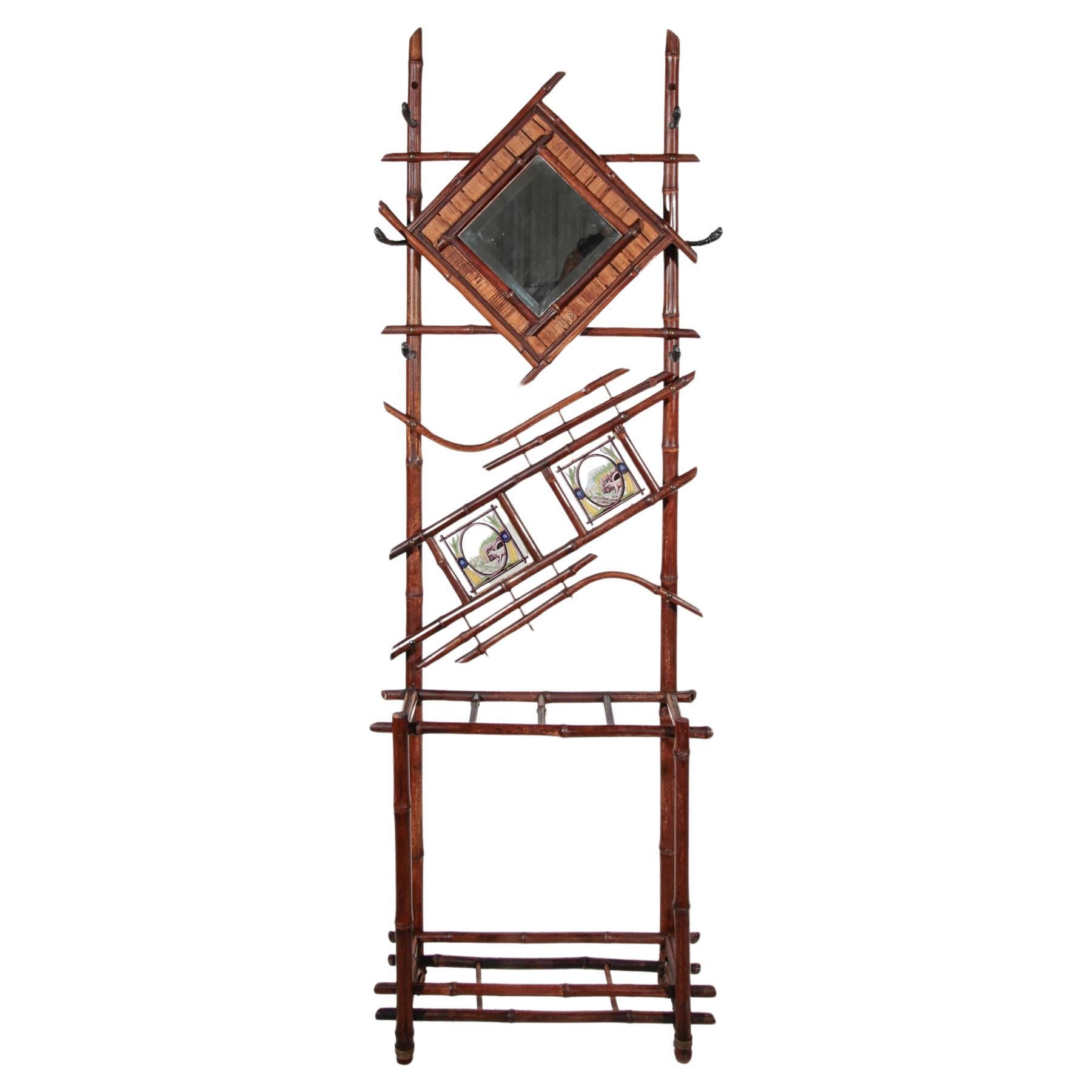 Art Nouveau Bamboo Stand Hall Mirror Coat Rack & Majolica French Folk Art Tiles