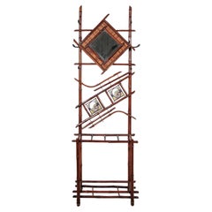 Art Nouveau Bamboo Stand Hall Mirror Coat Rack & Majolica French Folk Art Tiles