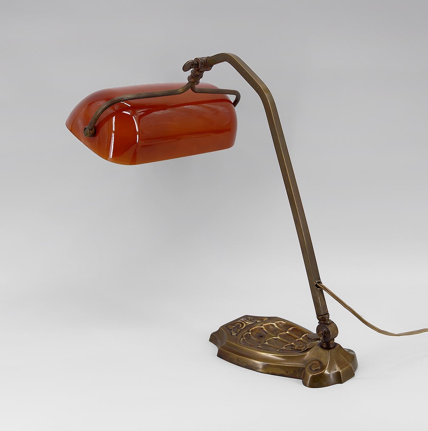 French Art Nouveau Banker's Lamp with Red Opaline, France, circa 1900 For Sale