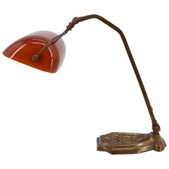 Art Nouveau Banker's Lamp with Red Opaline, France, circa 1900