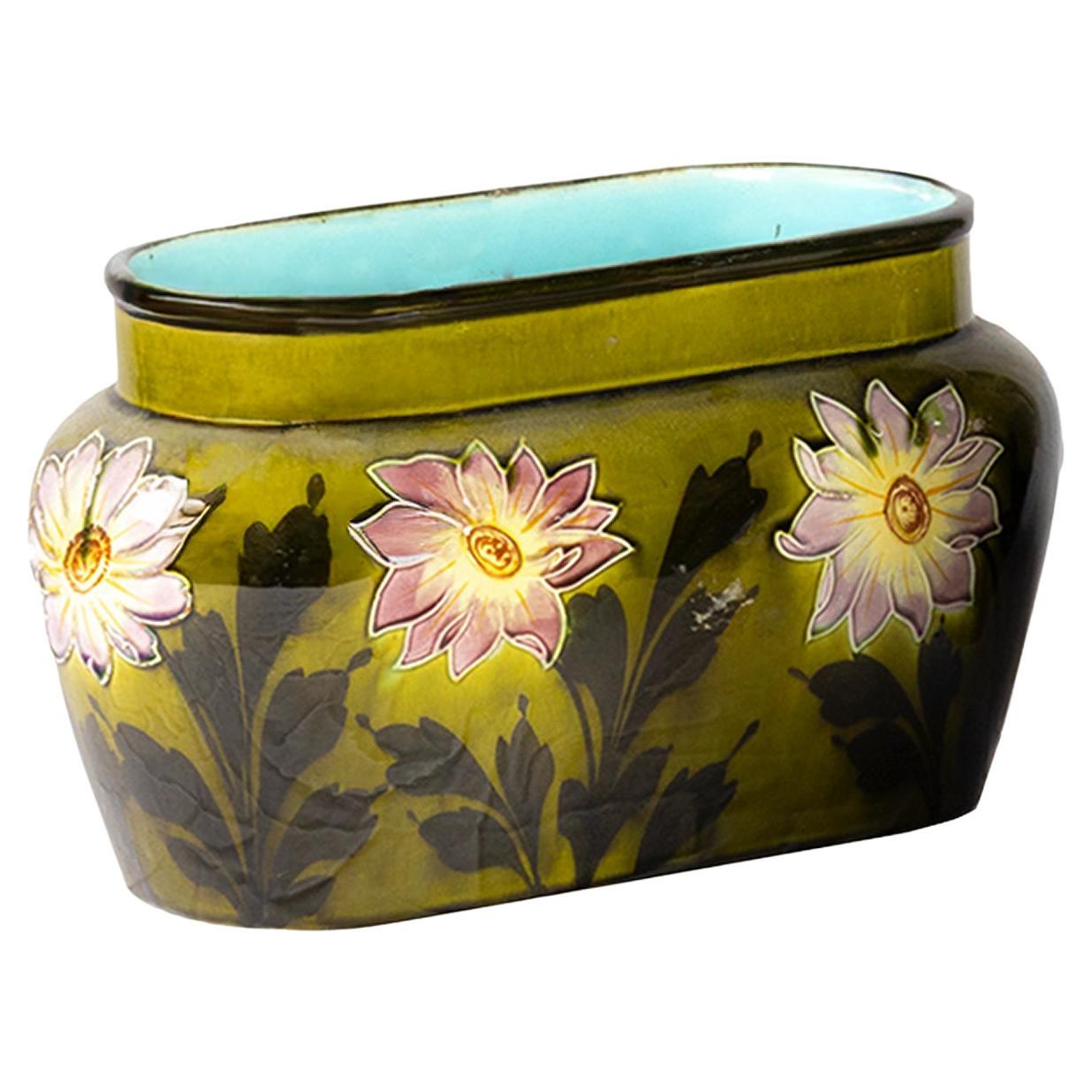 Art Nouveau Barbotine Cachepot Vase, Early 20th Century