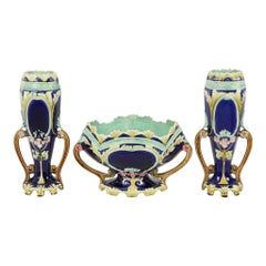 Art Nouveau Barbotine Majolica Vases Jardinière Set of 3