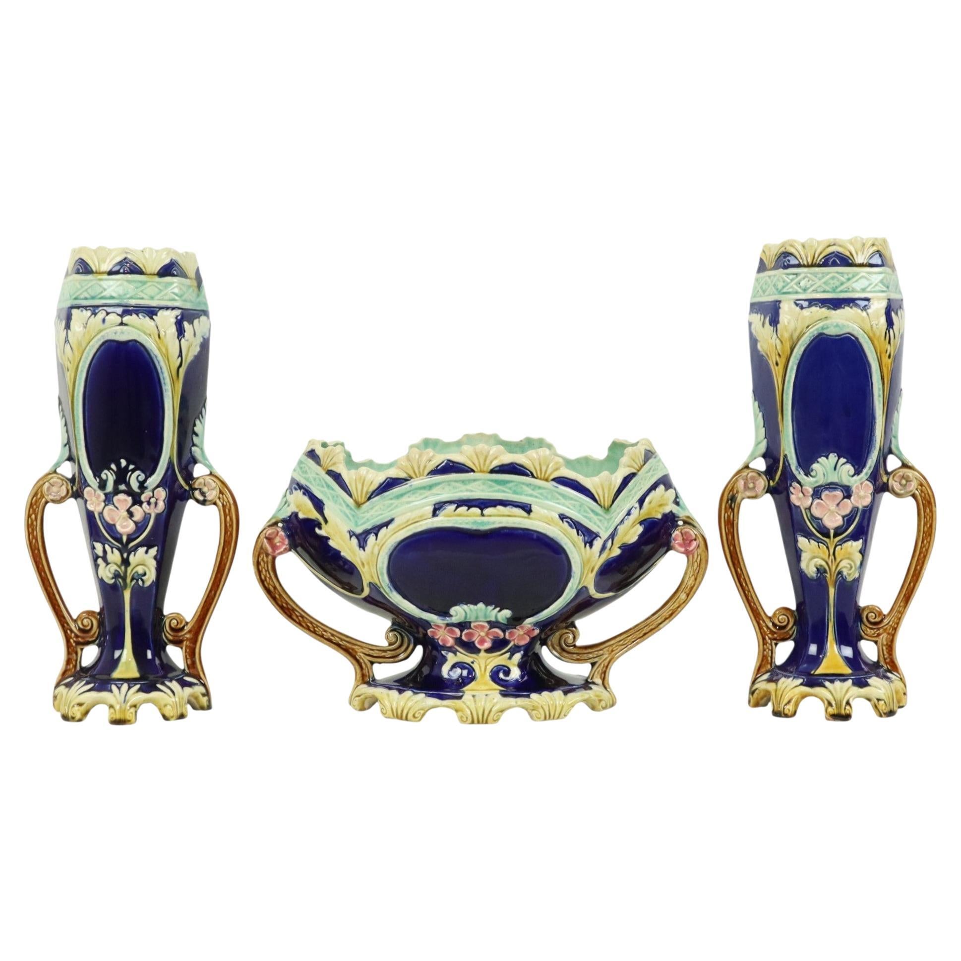 Art Nouveau Barbotine Majolica Vases Jardinière Set of 3 For Sale
