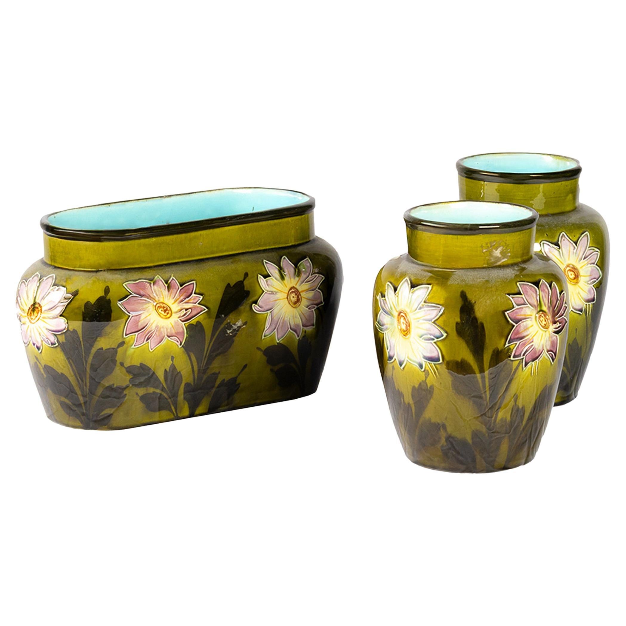 Art Nouveau Barbotine Set Green Vases, Floral Motifs, France, 1900s For Sale